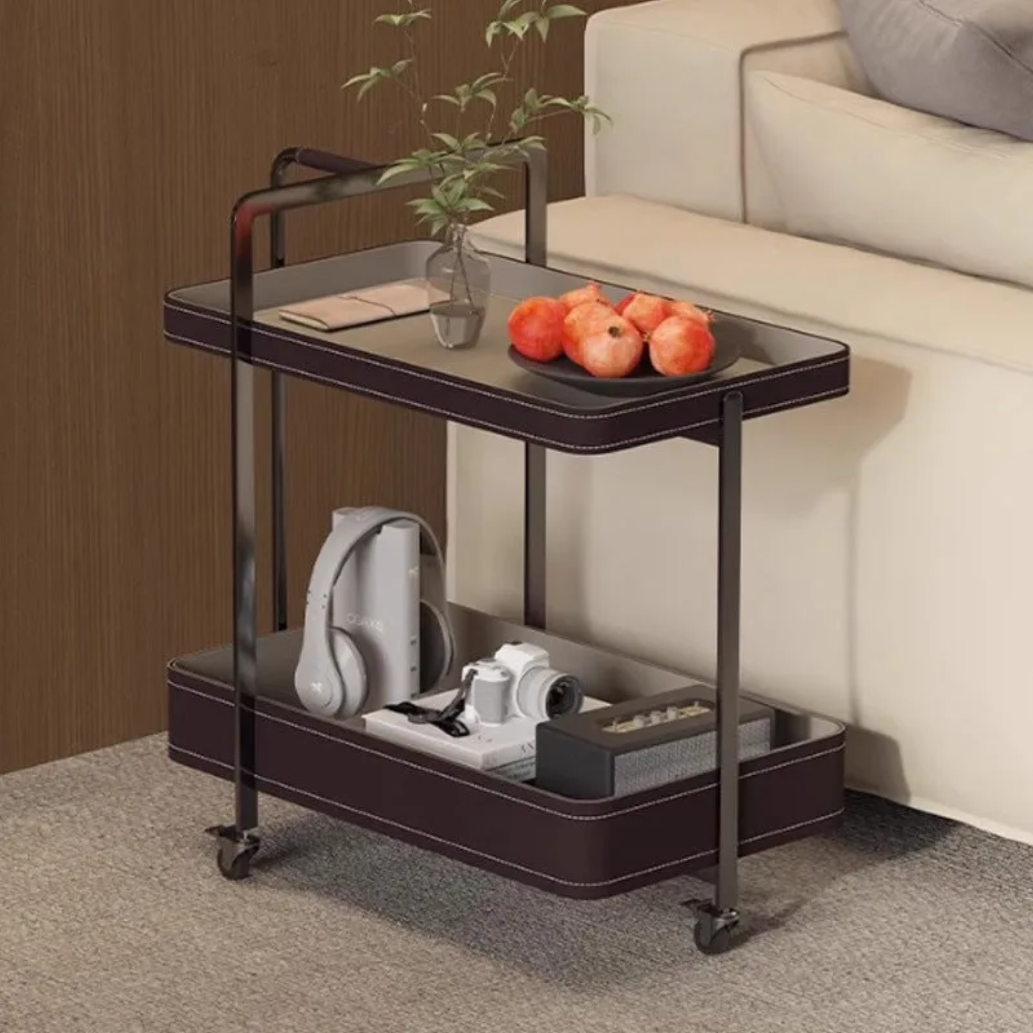 Nordic saddle 2-tier side tables in leather — Black
