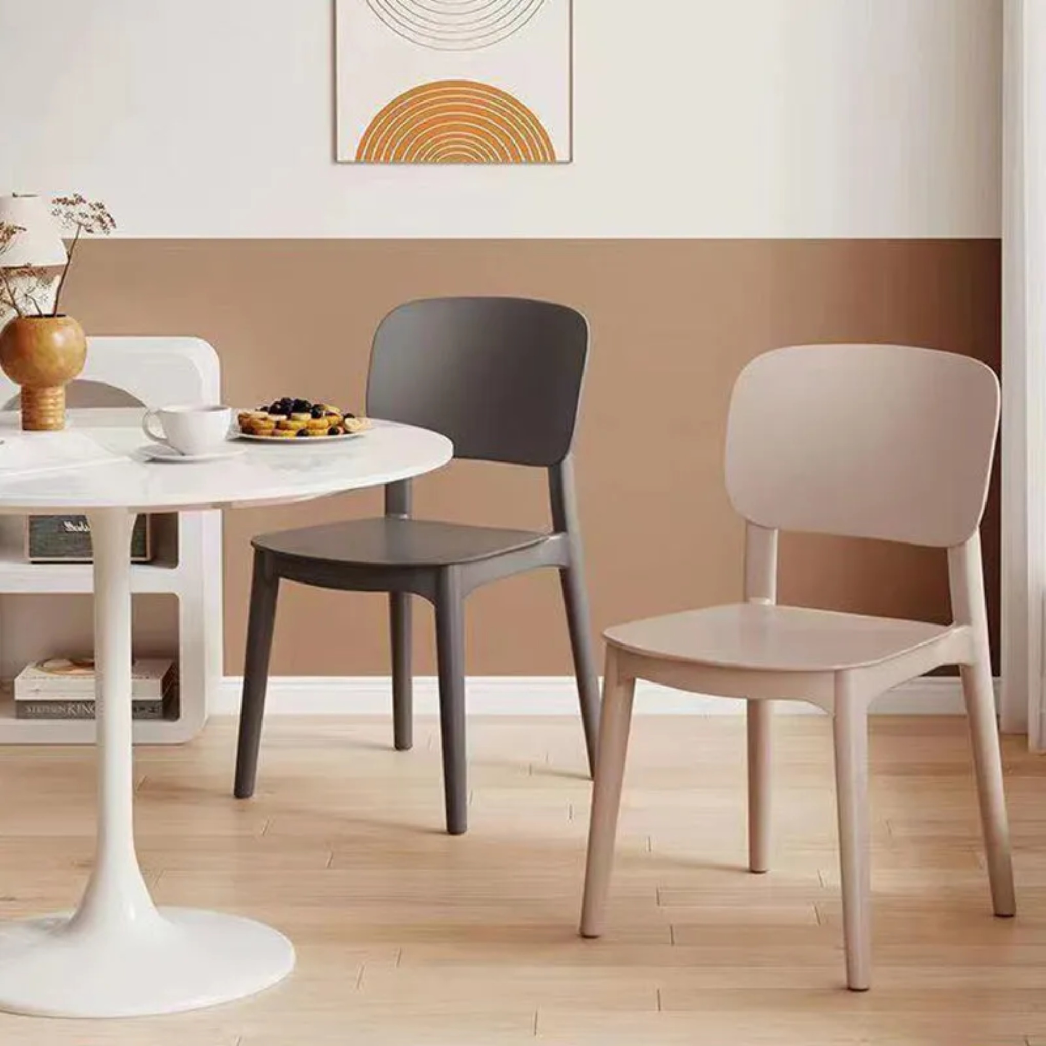 White nordic stackable dining chairs & benches