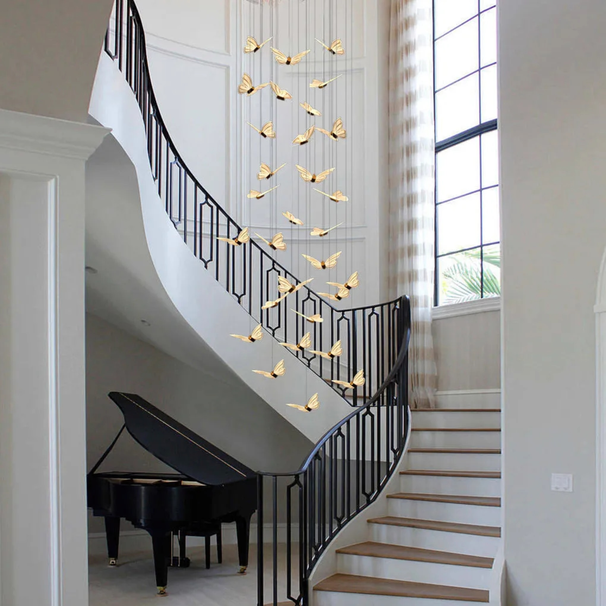Modern long butterfly synthetic staircase chandeliers — 9-Light