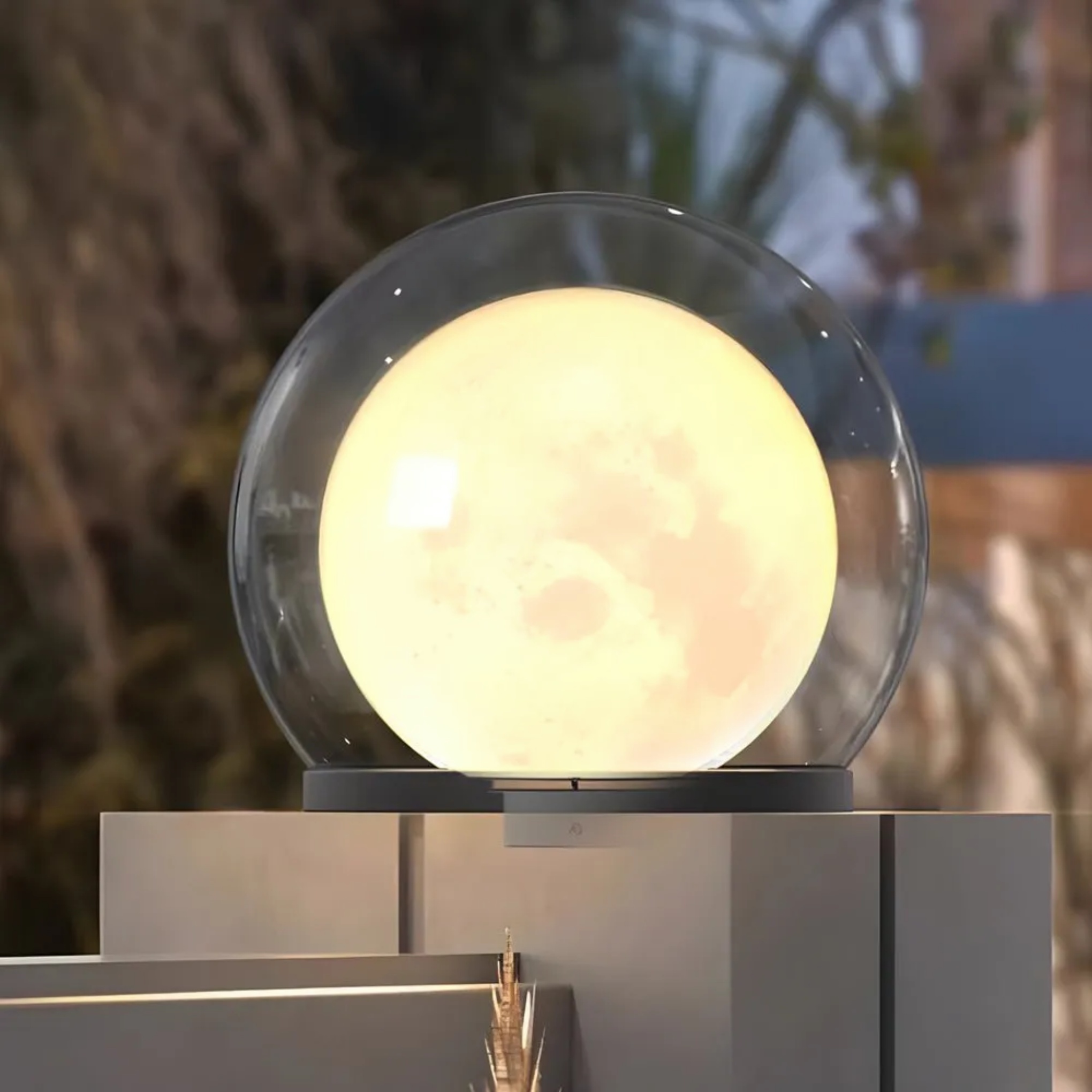 Modern lantern globe outdoor post lights in synthetic — 7.7" H x 7.9" Dia / With Moon / Hardwired