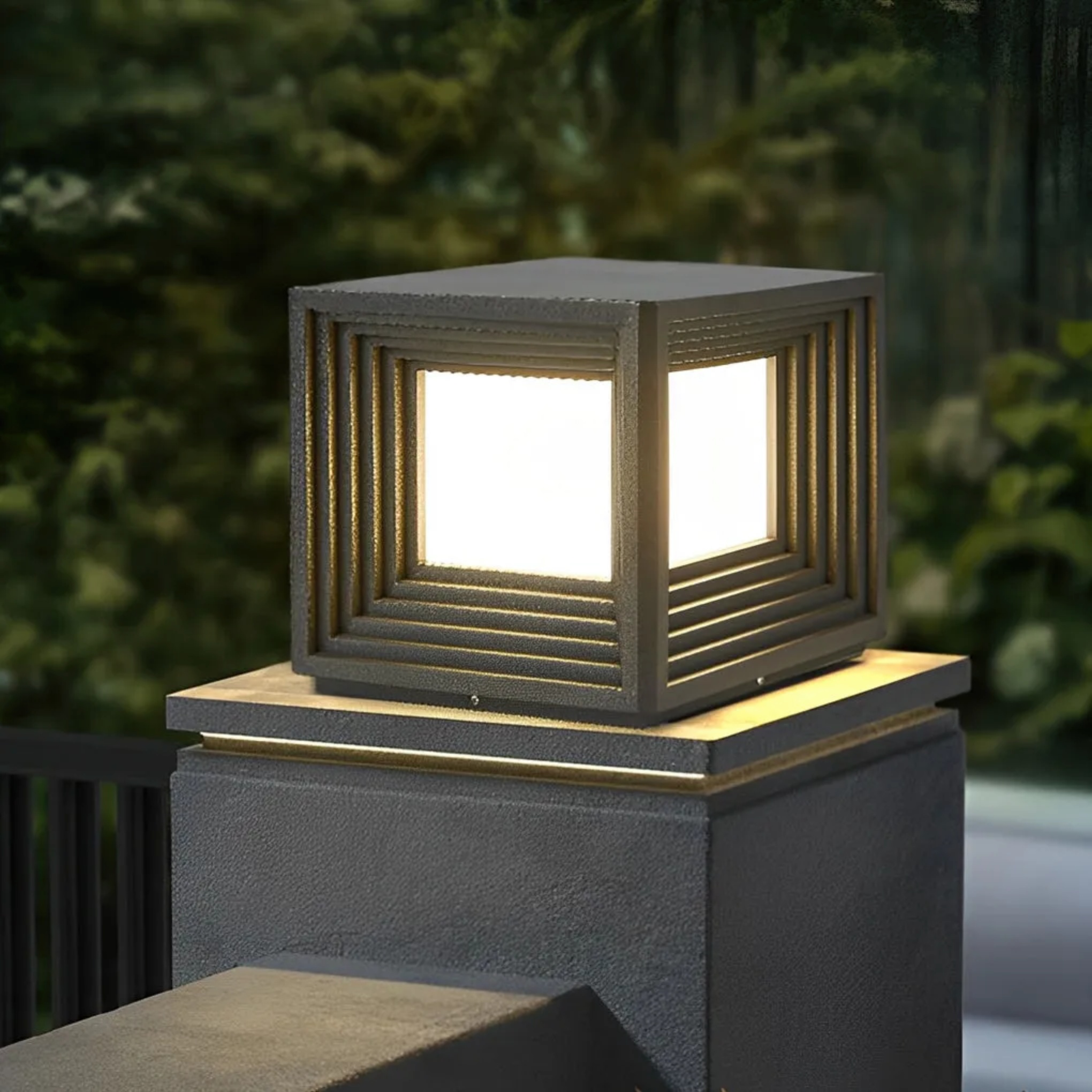 Modern cap square outdoor post lights in synthetic — 7.9" W x 7.9" D x 6.3" H / Hardwired