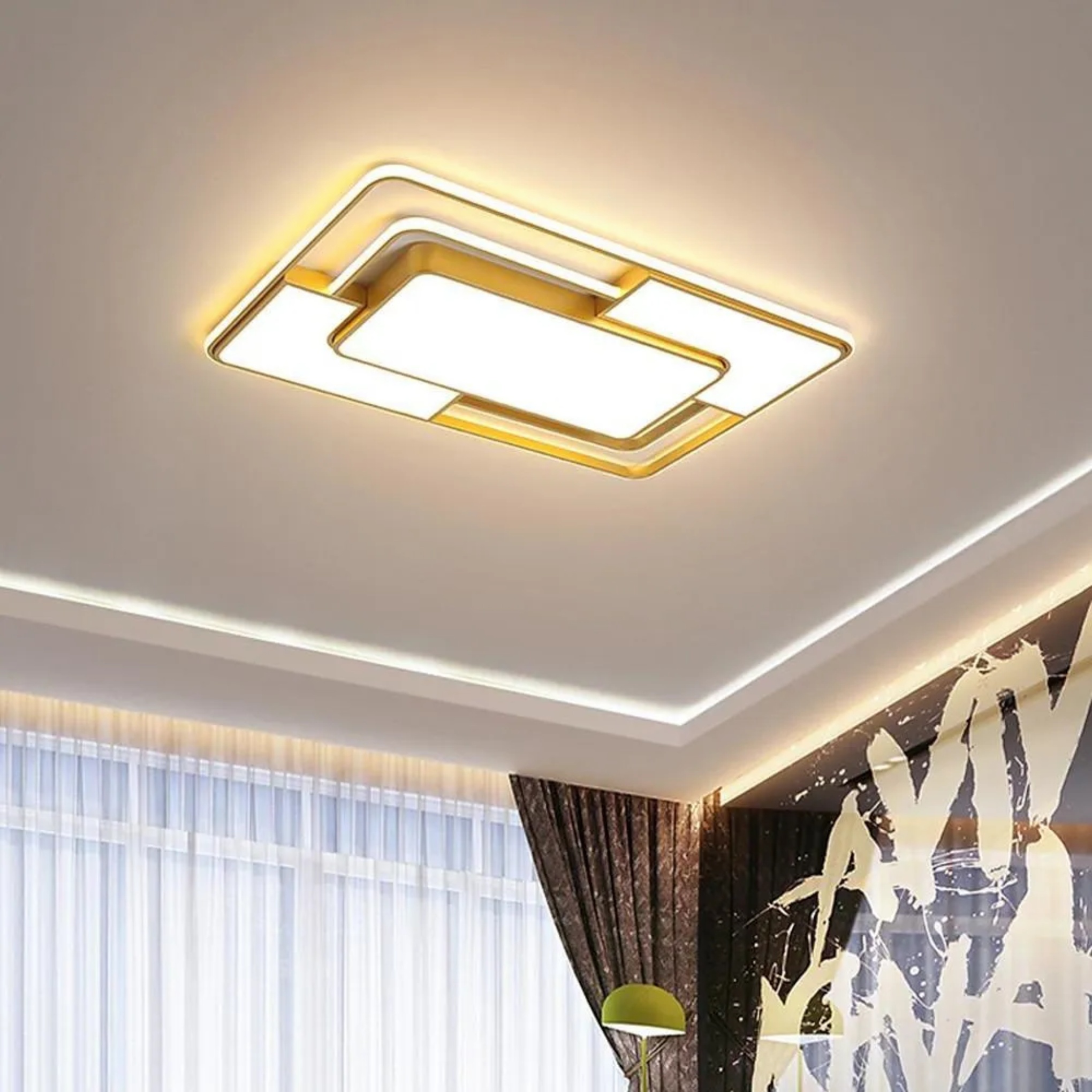 Modern overlay geometric black flush mount lighting, Lighom — 17" L x 17" W / Warm White