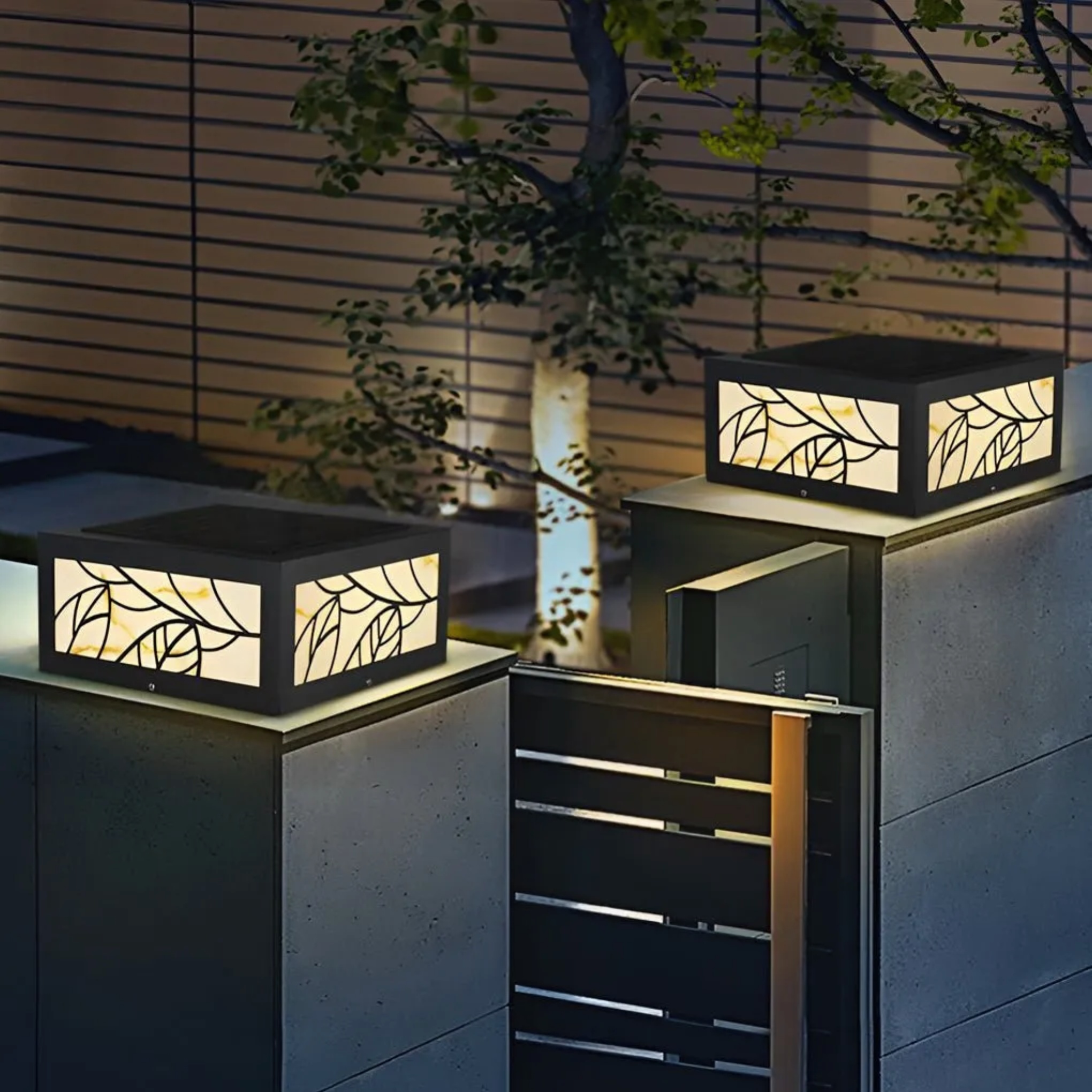Black modern pillar deck outdoor post lights — 12.6" W / Solar / Set of 1