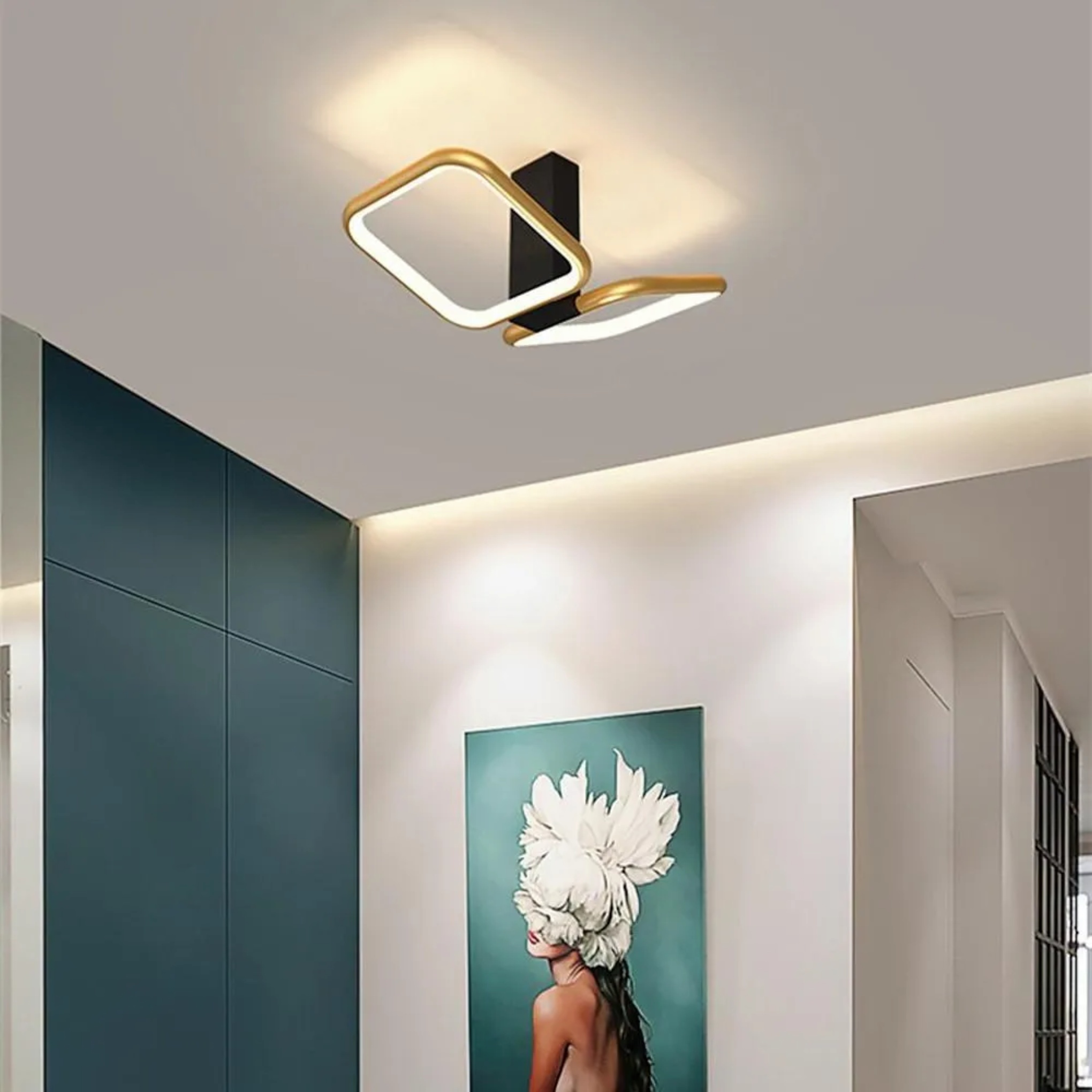 Square reflective black flush mount lighting in synthetic — Warm White (3000K) / Brushed Gold