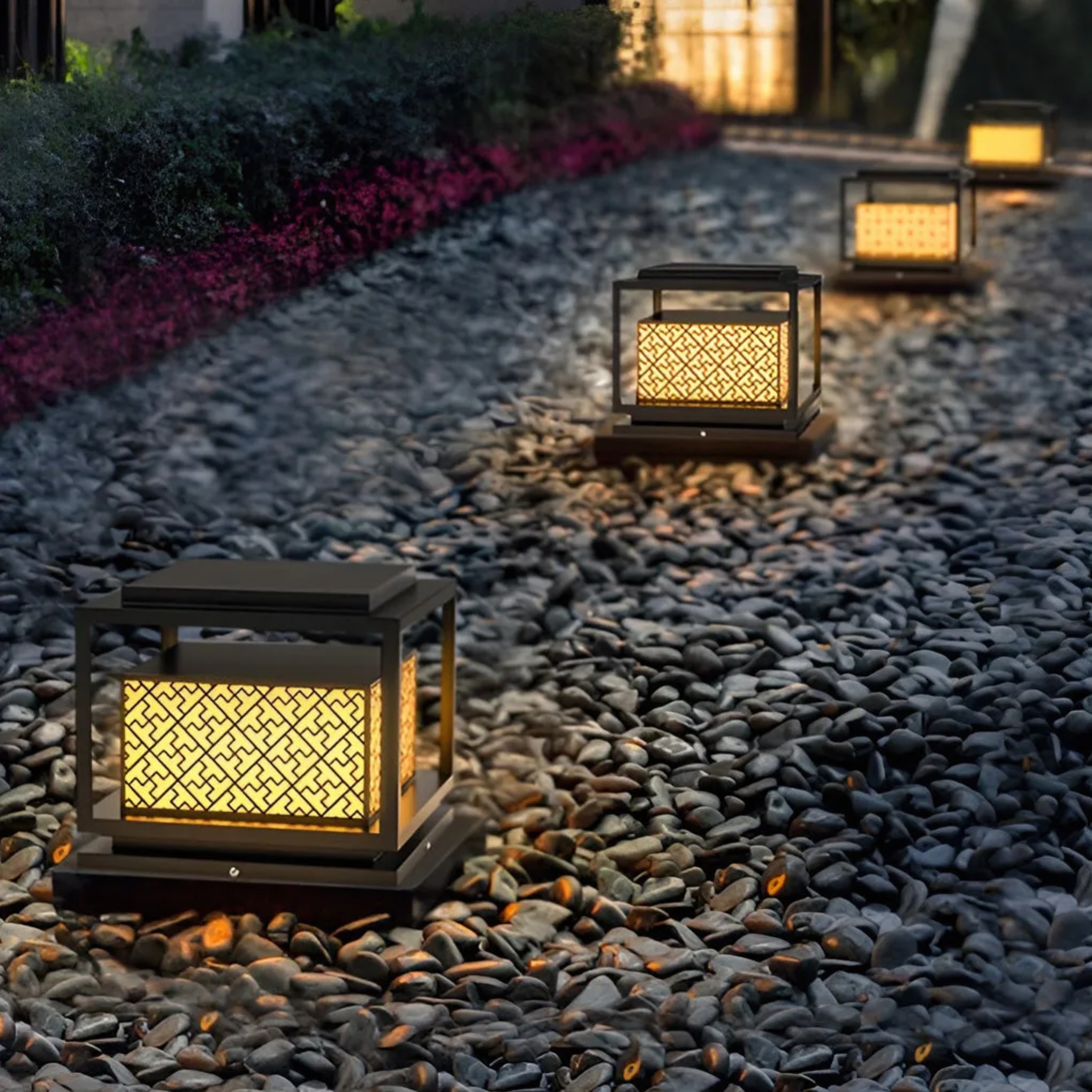 Industrial square pillar black outdoor post lights — 9" W / Solar / Set of 1