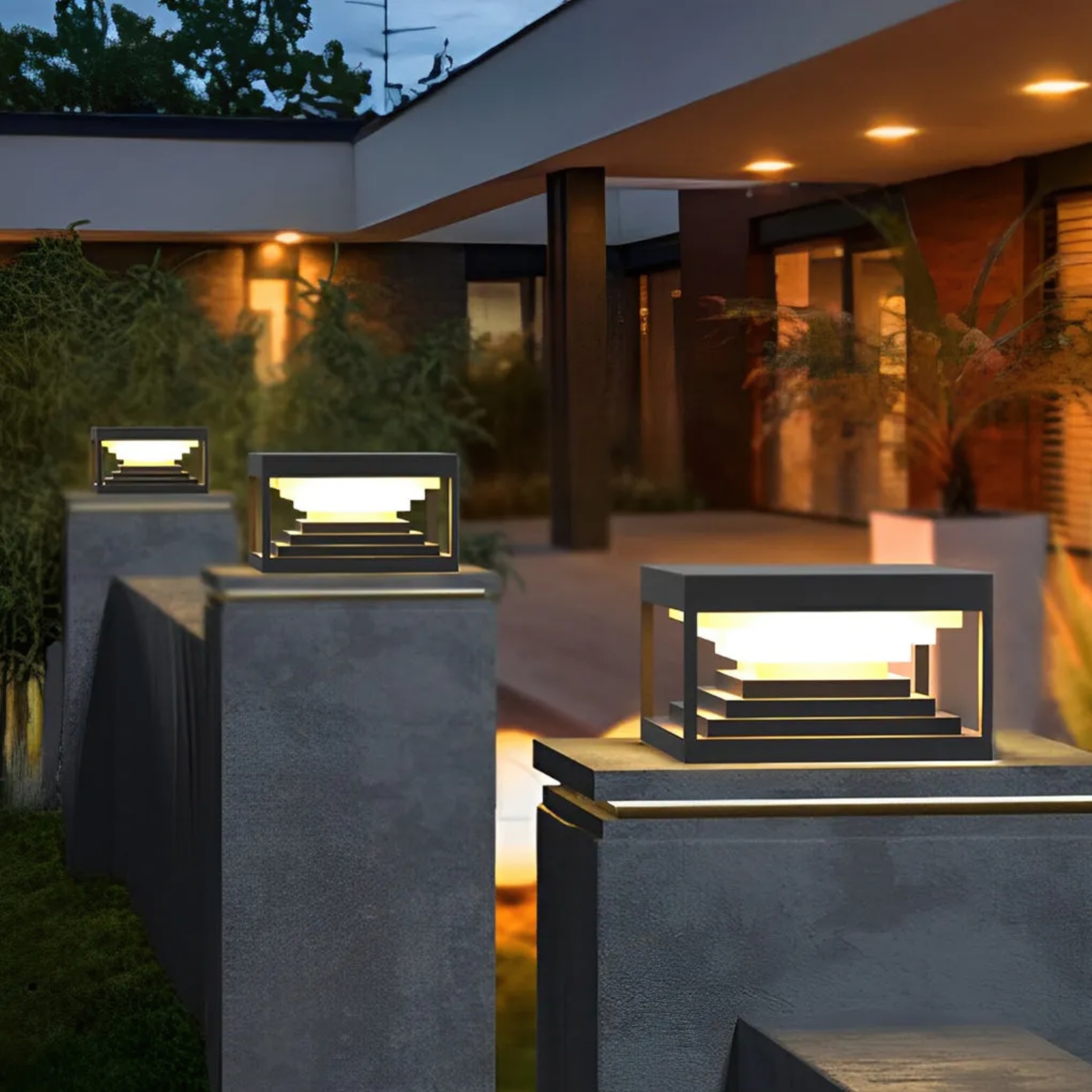 Black metal cap square outdoor post lights - modern — 7.9" L x 7.9" W / Solar / Set of 1