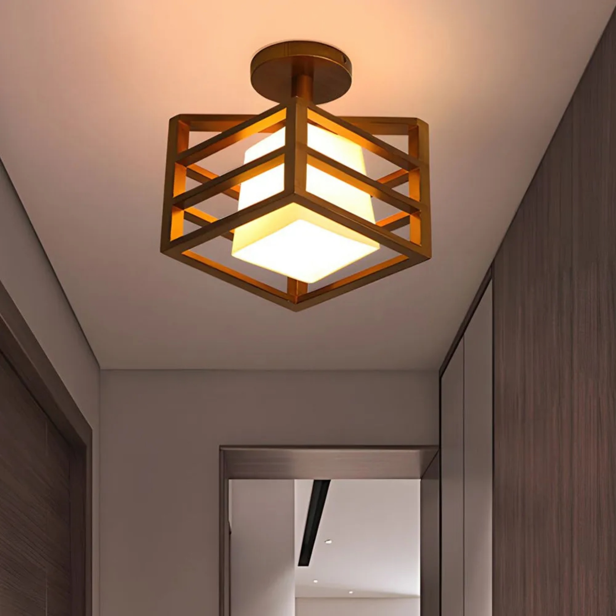 Rustic square frame brown semi-flush mount light — Cool White (6000K)