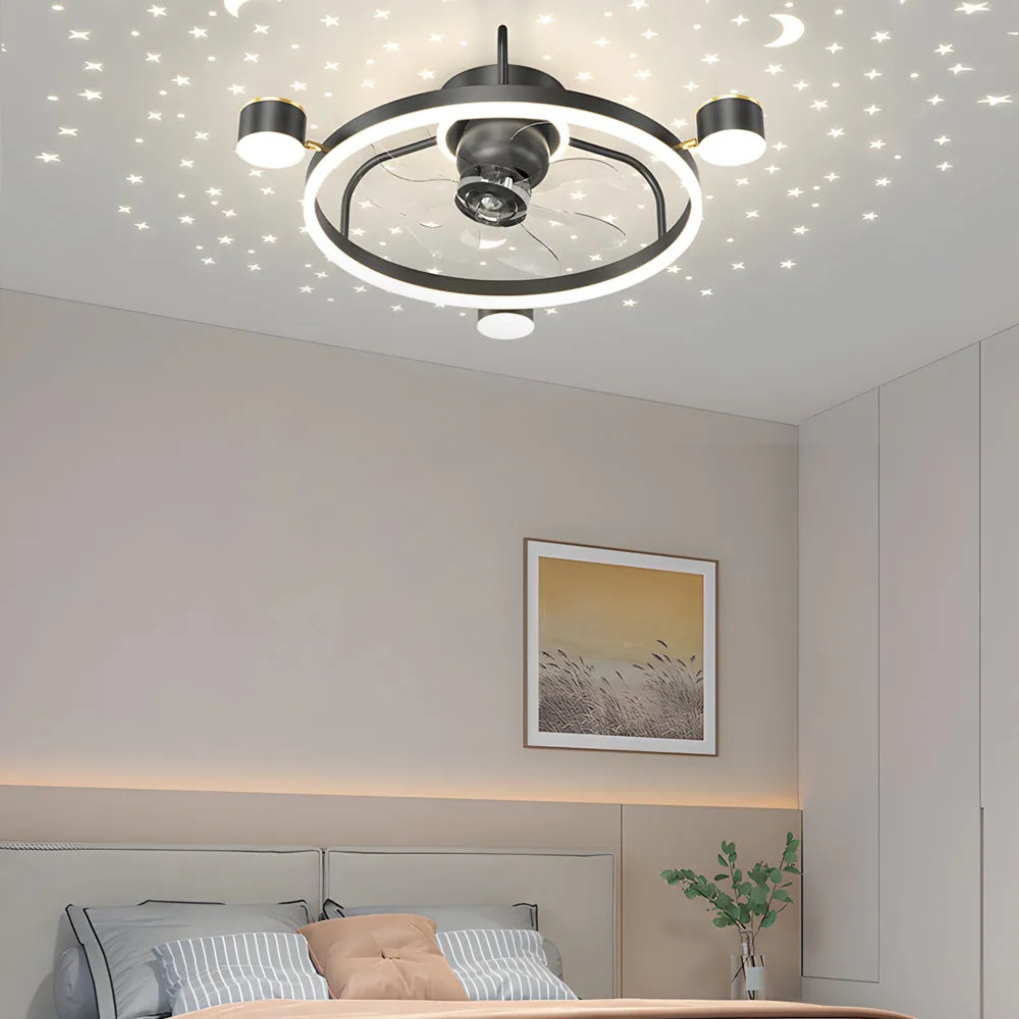 Modern projection star black kids ceiling fans in synthetic — Matte Black