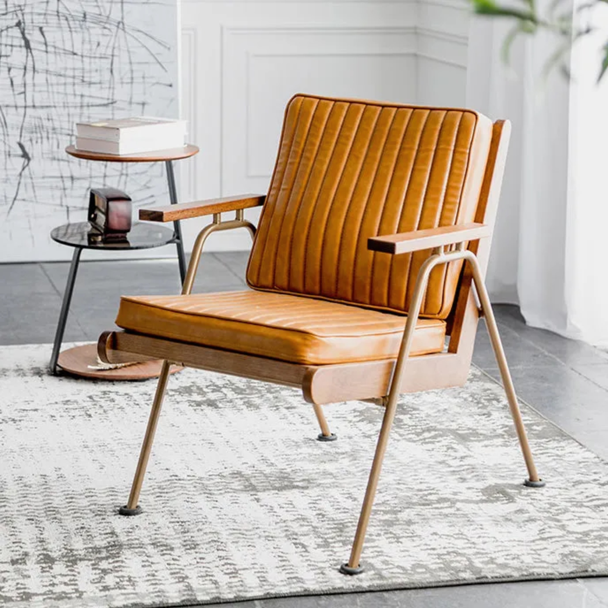 Striped frame leather iron wood accent chairs for bedroom