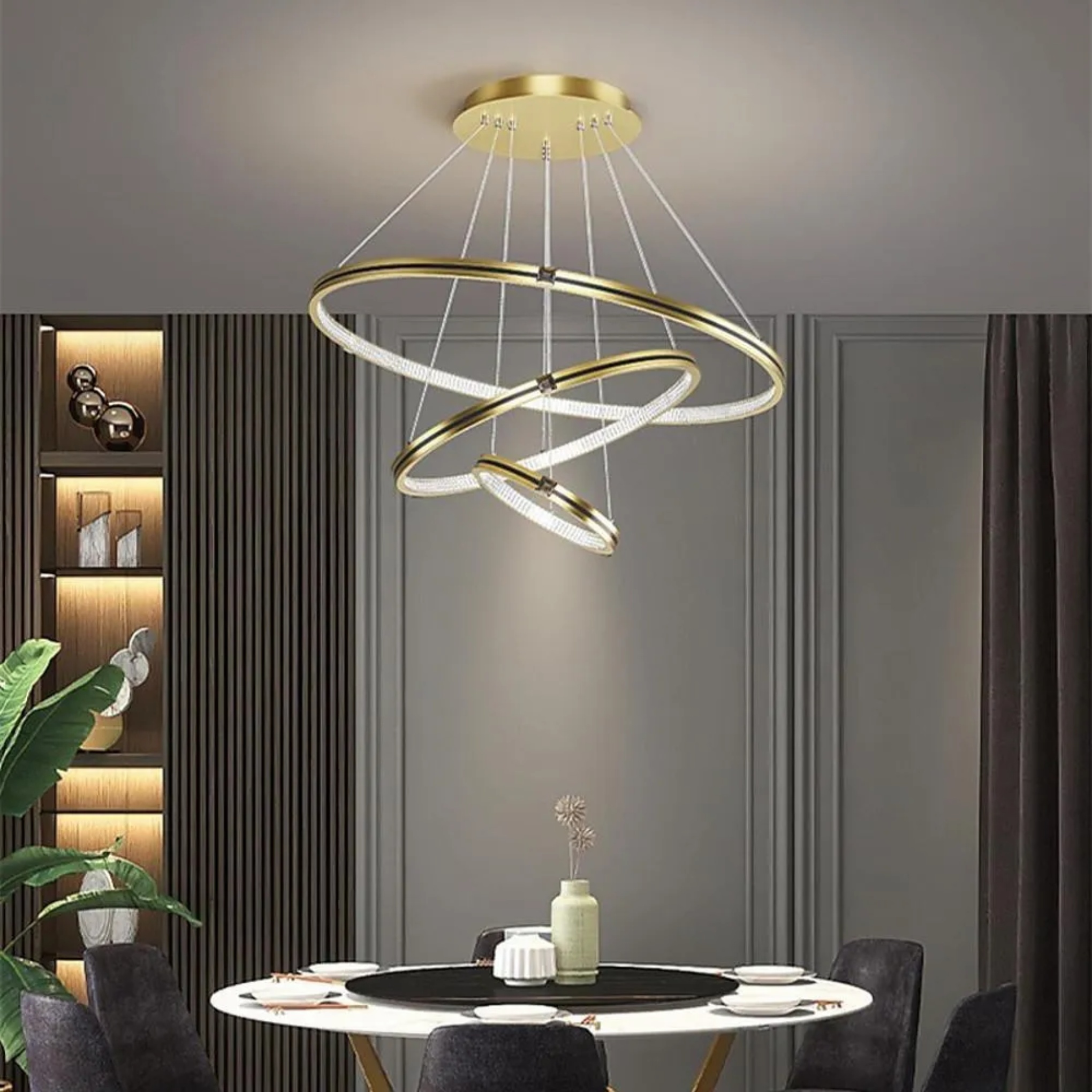 Lighom modern stylish three-ring synthetic chandeliers — Matte Black / Warm White (3000K)