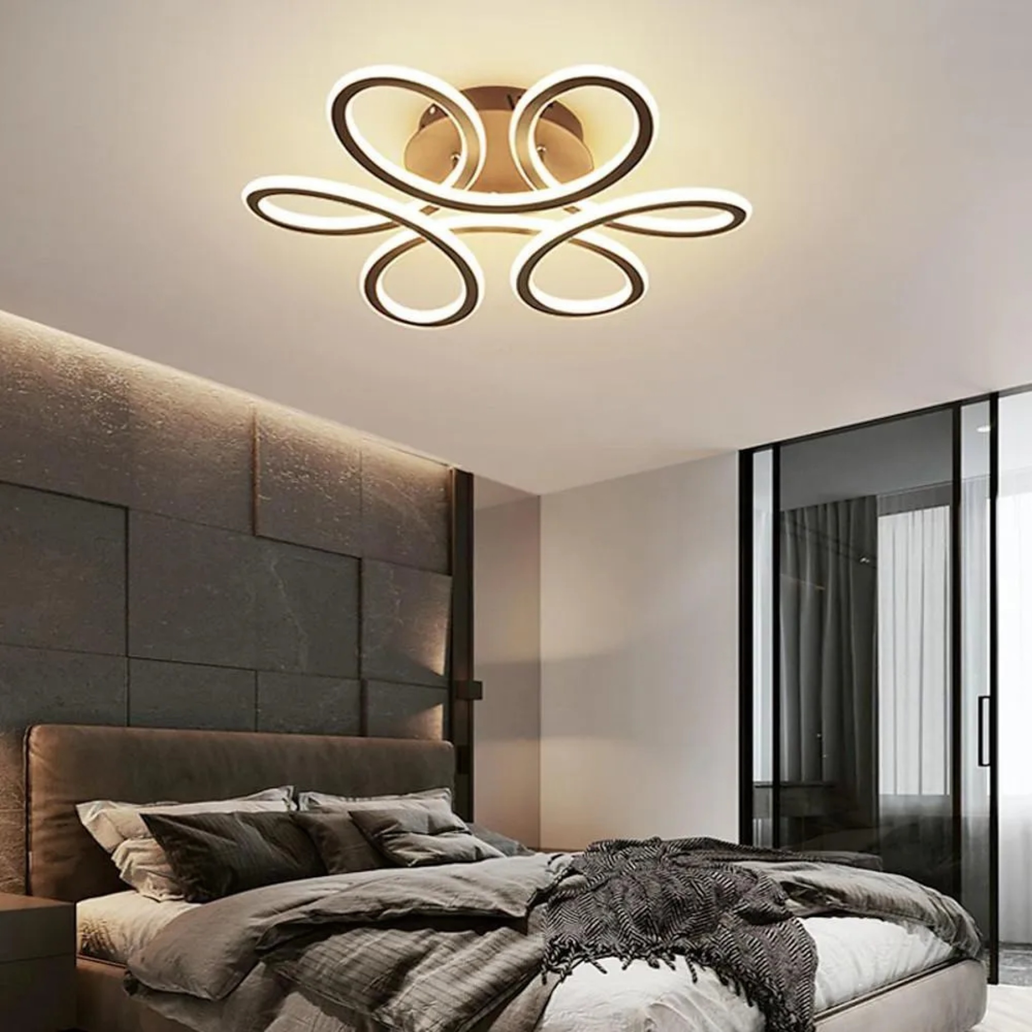 Modern flower swirl brown metal semi-flush mount light, Lighom — Brushed Gold / Warm White (3000K)