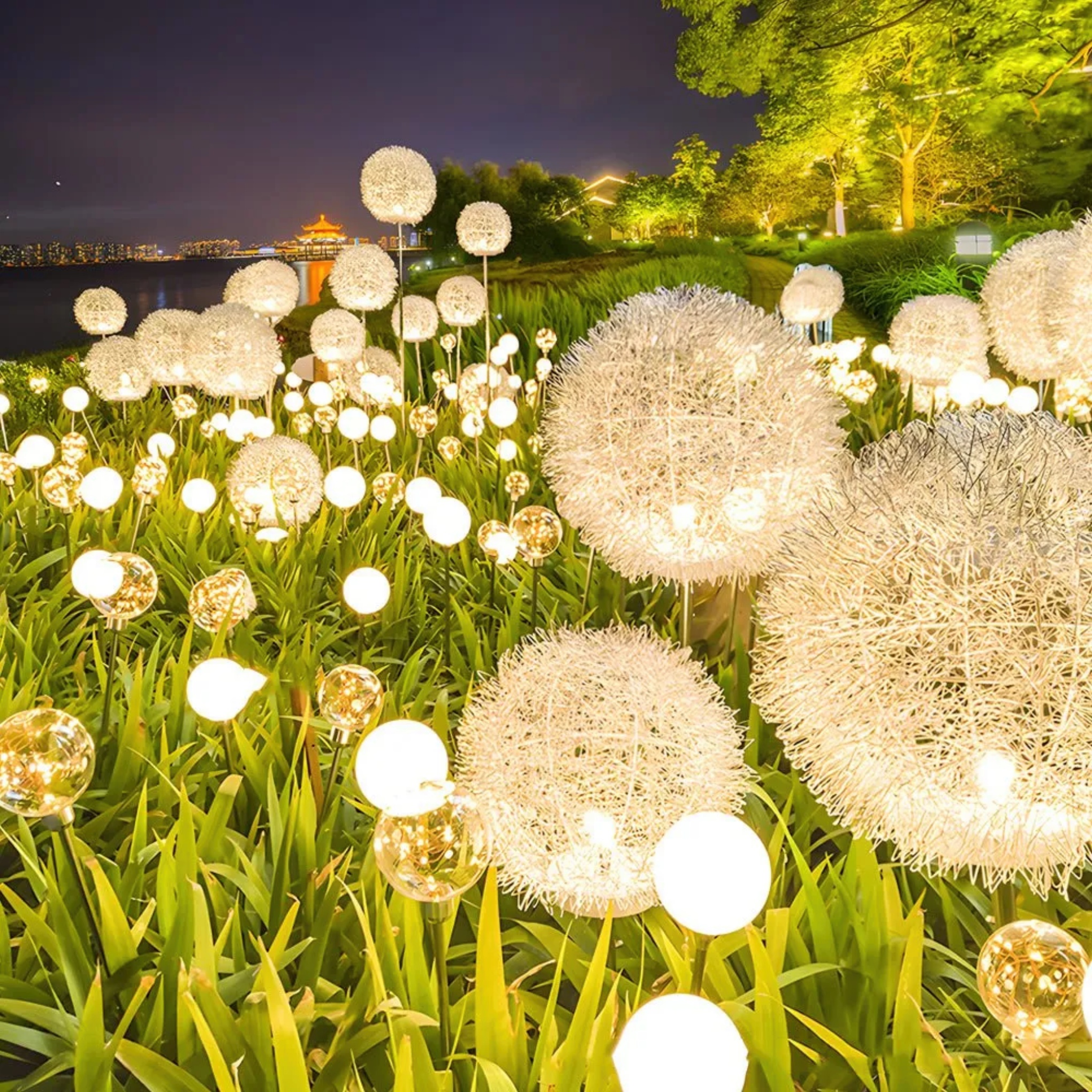 Black synthetic ten-piece dandelion landscape lighting - modern — Aluminum & Copper / Hardwired