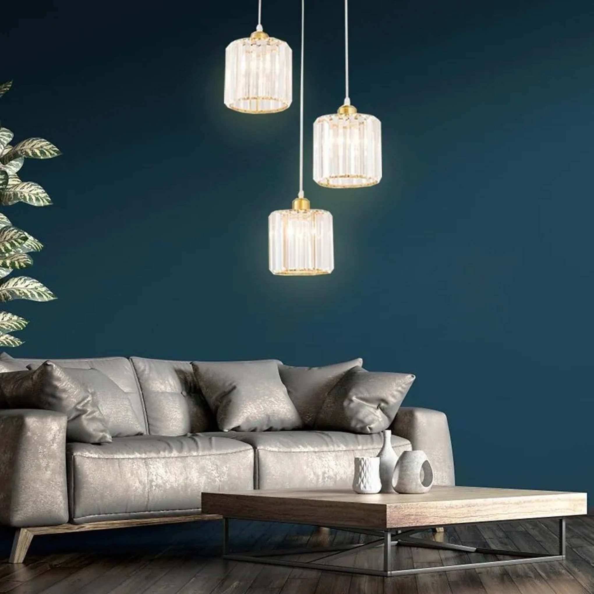 Gray metal three-light island chandeliers - modern — Polished Chrome