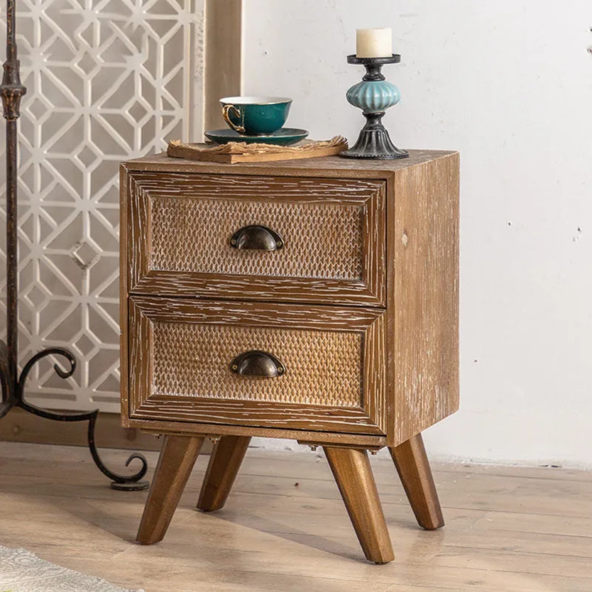 Gray metal wood 2-drawer fir side tables - traditional