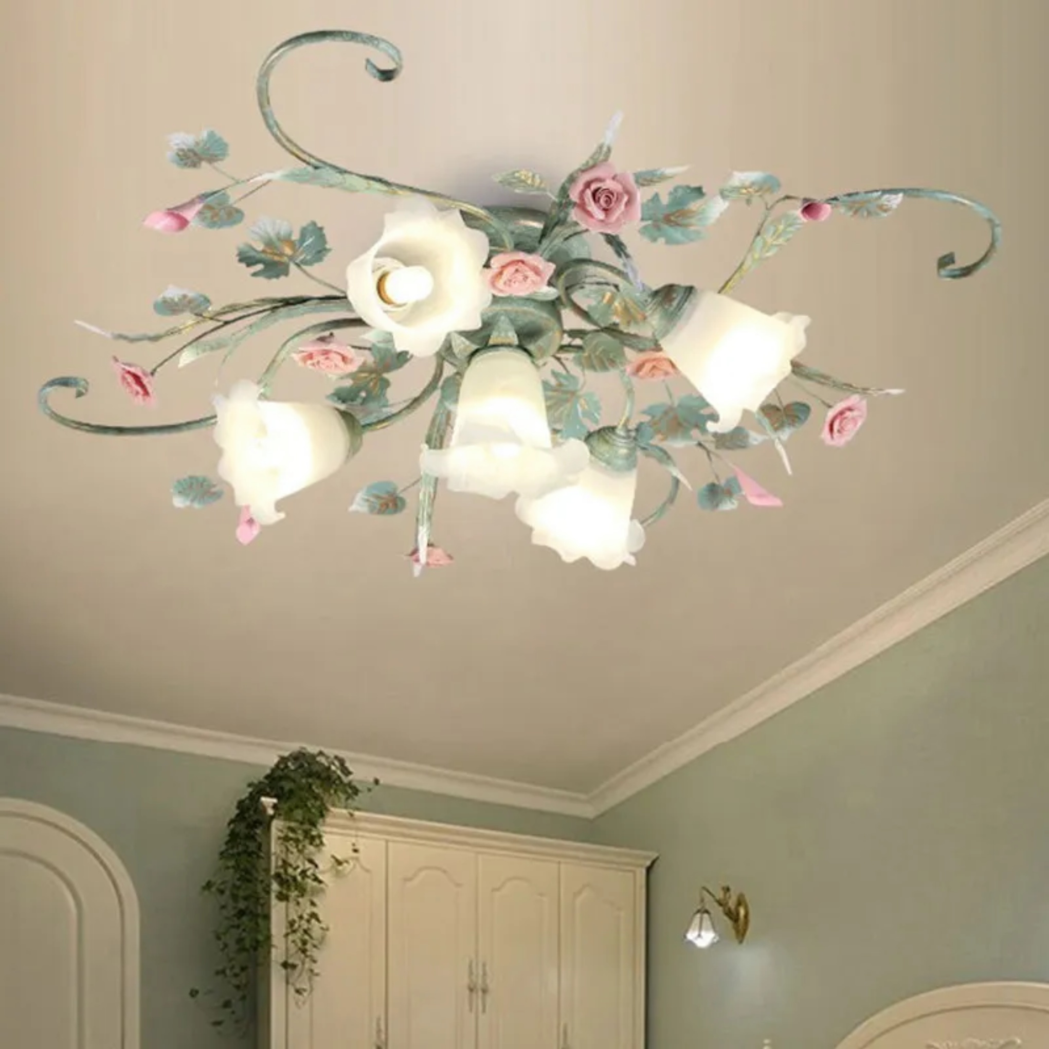Green traditional rust rose semi-flush mount light — 4-Light / 110V-120V (US/CA)