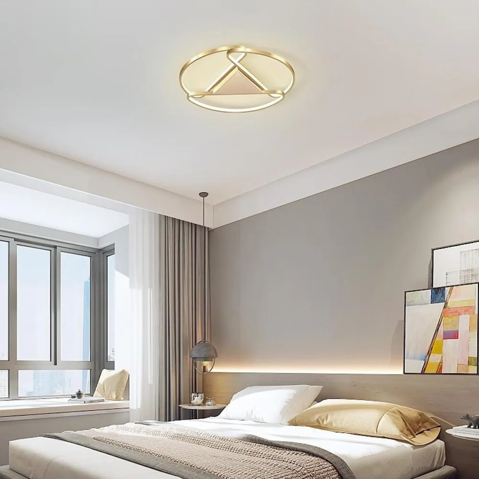 Lighom circle triangle wood flush mount lighting in metal — Warm White (3000K)