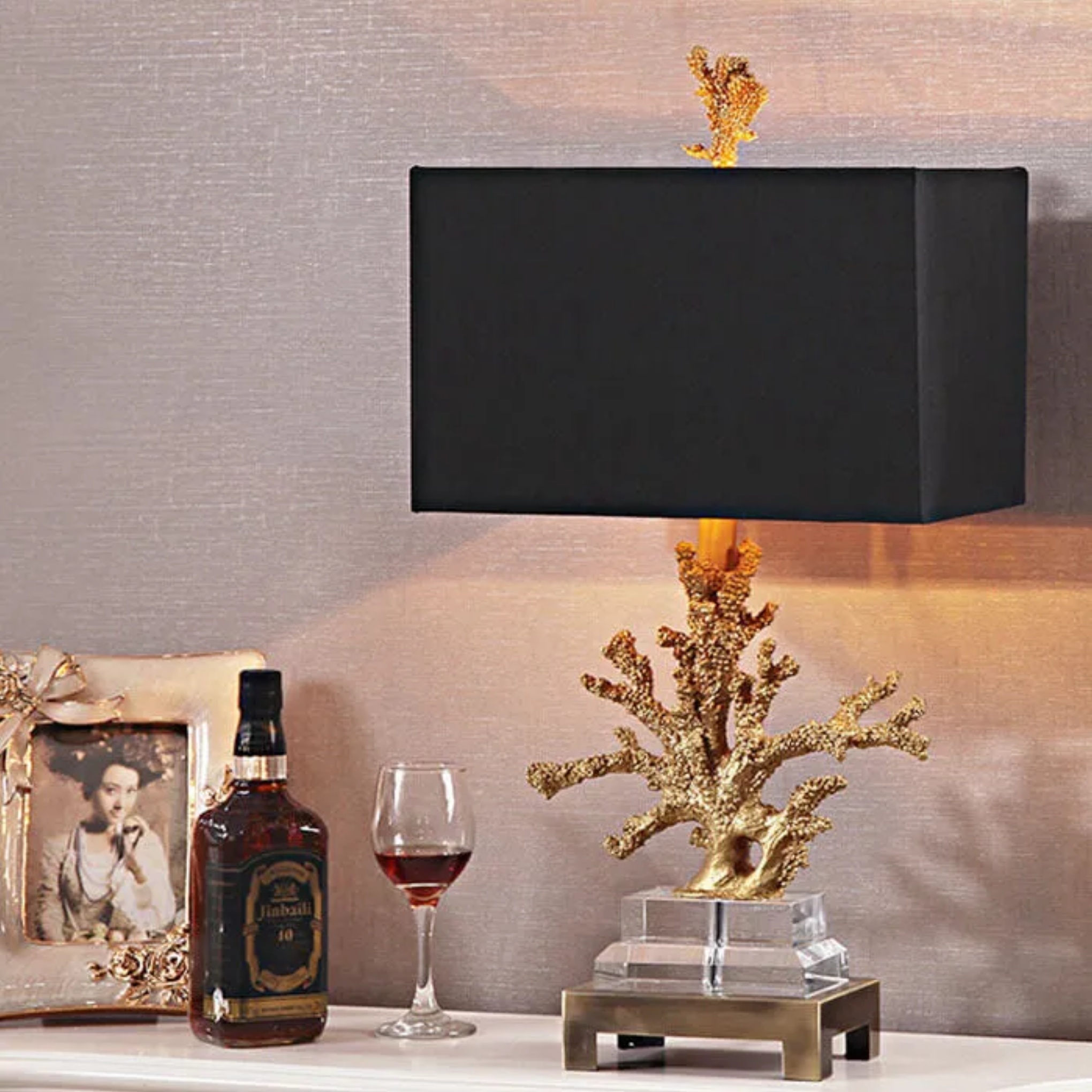Lighom modern coral base fabric table lamps — Matte Black / Button Switch / 110V-120V (US/CA