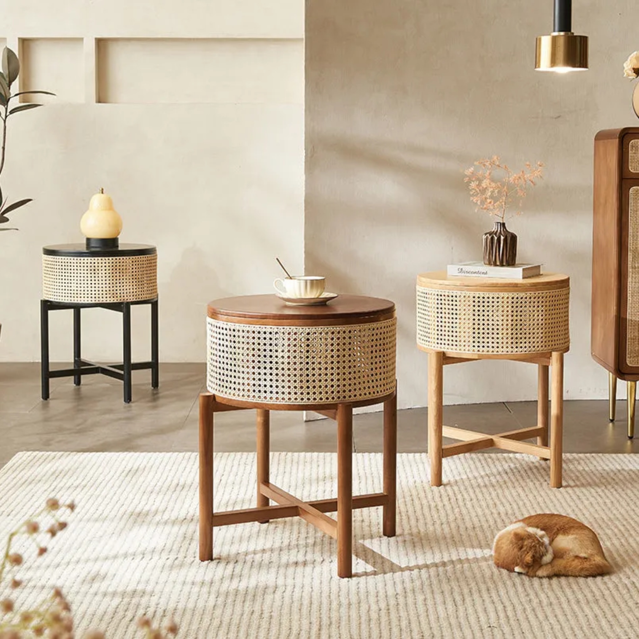 Natural traditional 1-cabinet round end & side tables