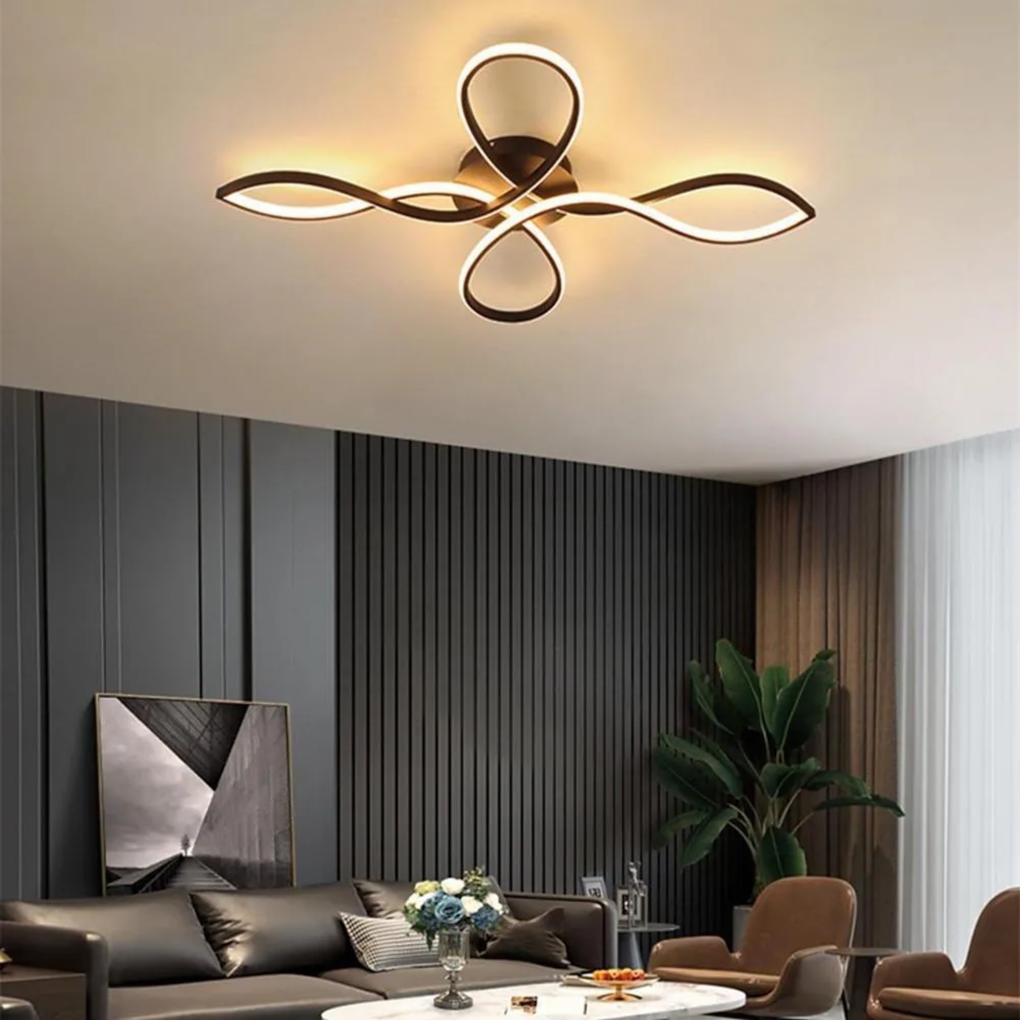 Black modern flower wave semi-flush mount light — Warm White (3000K) / Matte Black