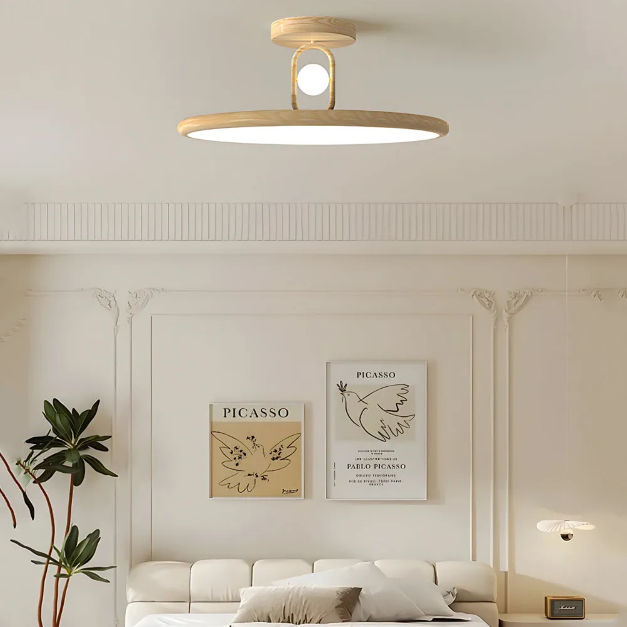 Modern round grain brown semi-flush mount light, Lighom — 15.7" / Engineered Wood