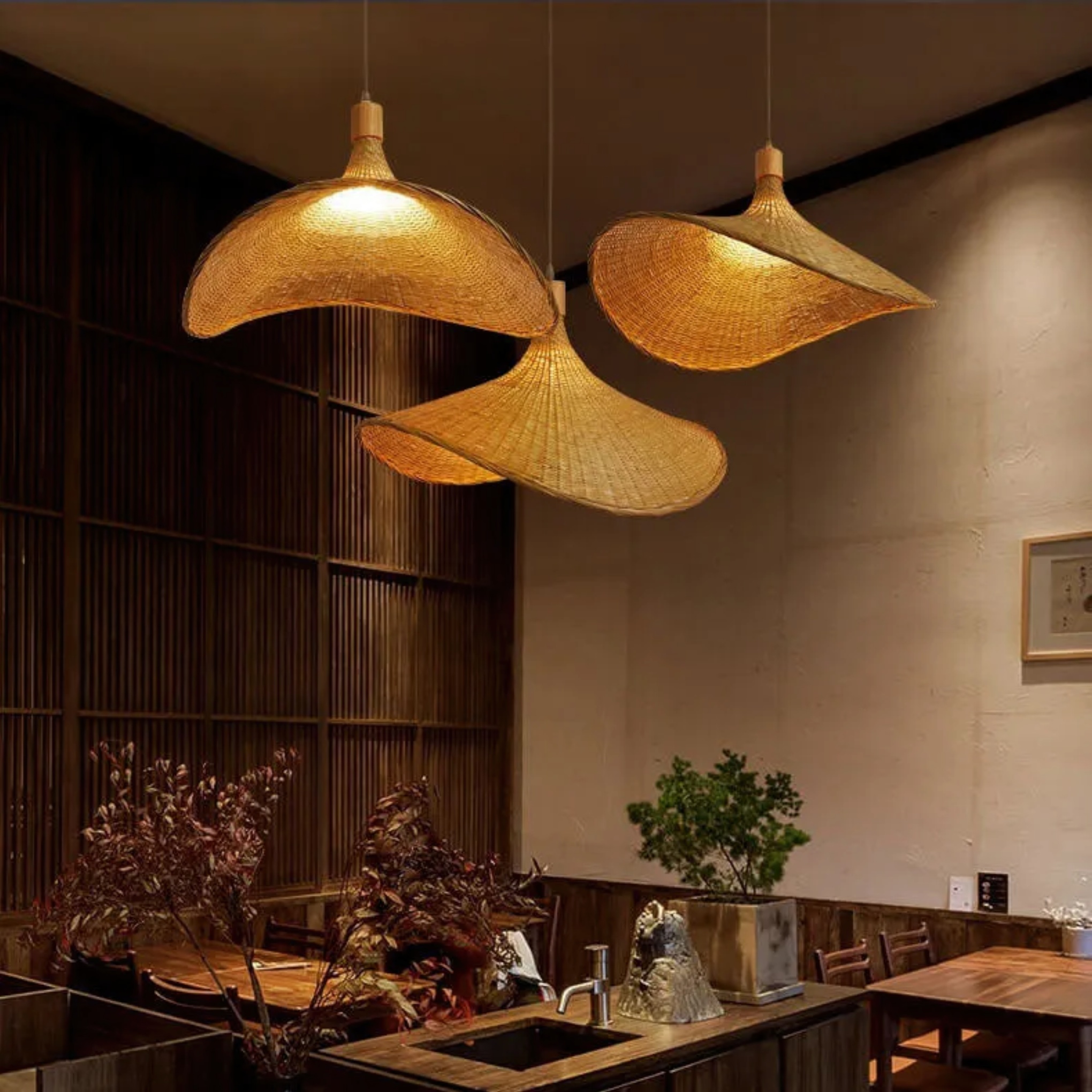 Japanese straw hat natural pendant lighting — Small / Black Wire / 110V-120V (US/CA)