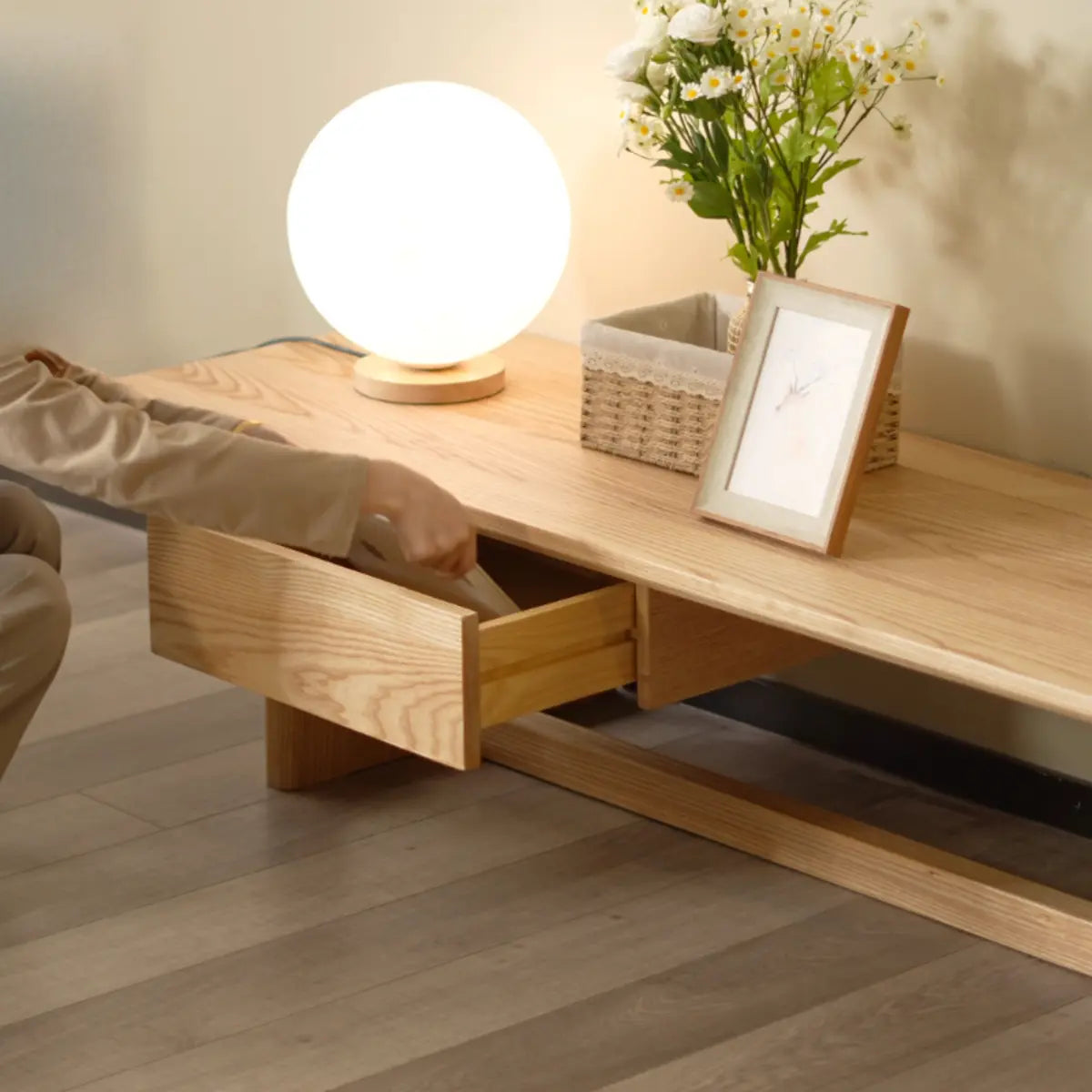 Light Ash Wood Open Shelving TV Stand