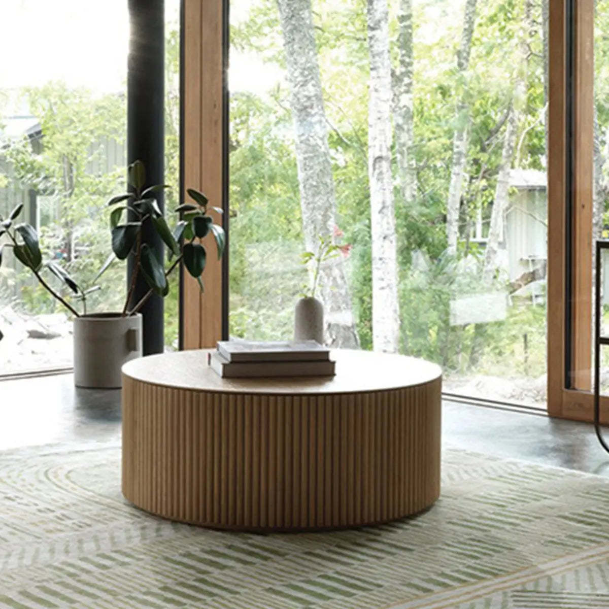 Light Brown Pine Wood Drum Base Coffee Table — Natural