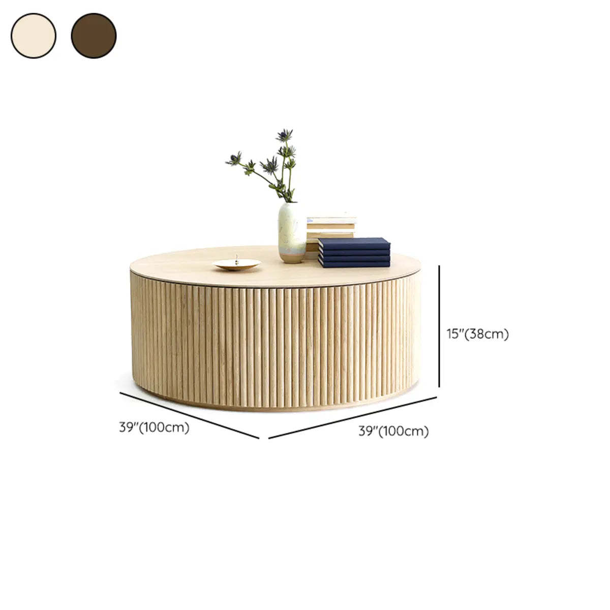 Light Brown Pine Wood Drum Base Coffee Table