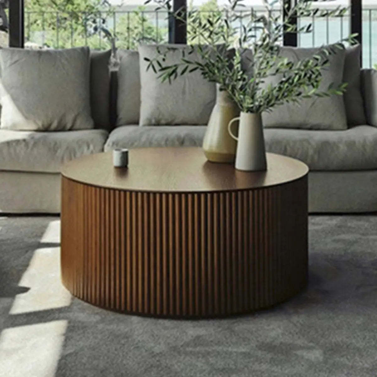 Light Brown Pine Wood Drum Base Coffee Table — Nut-Brown