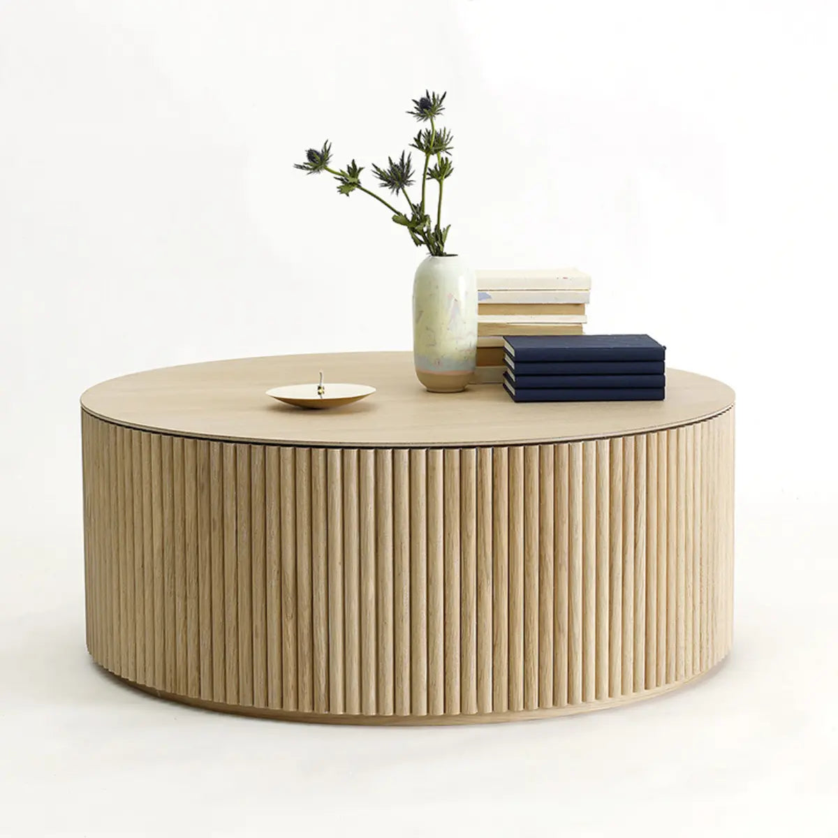 Light Brown Pine Wood Drum Base Coffee Table — Natural