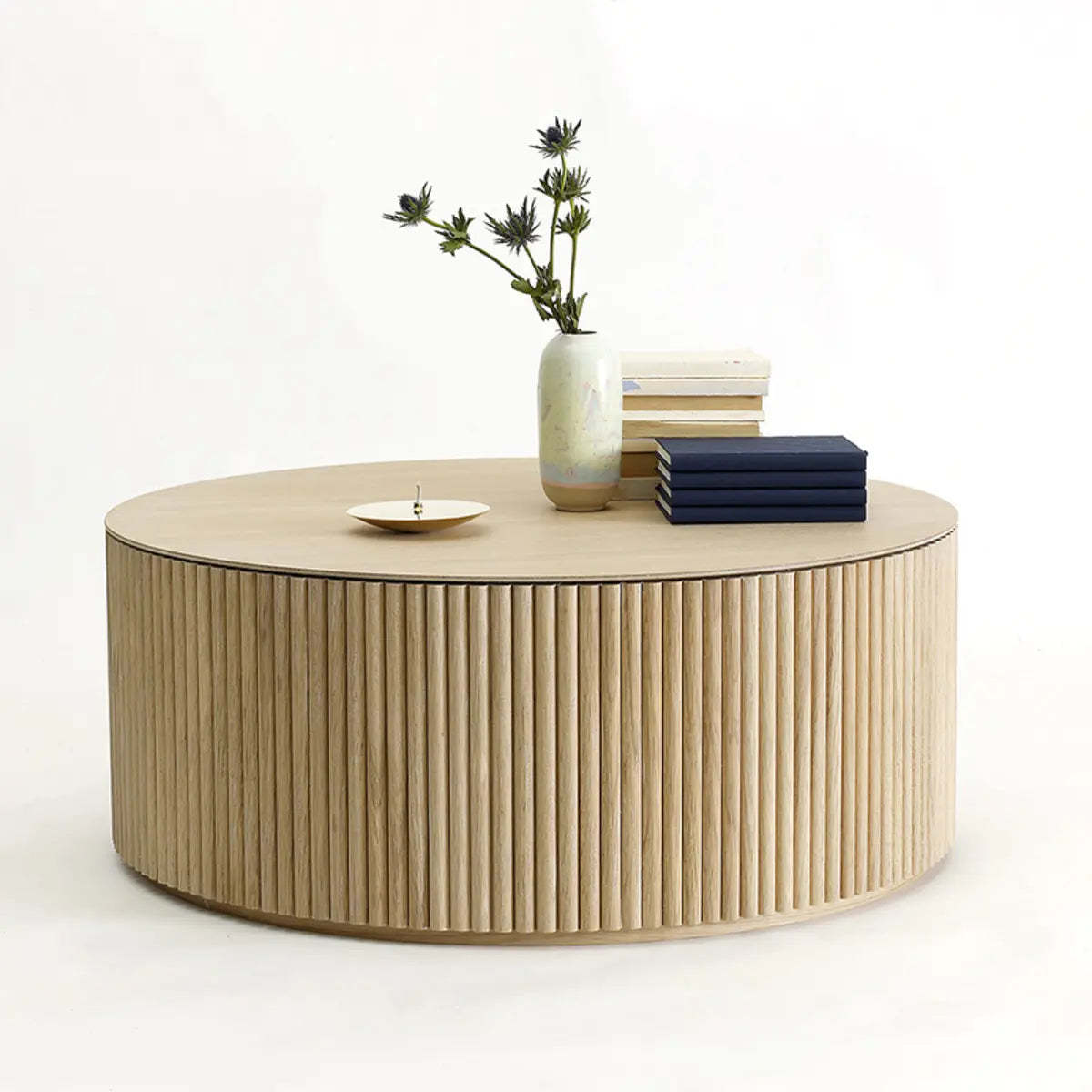 Light Brown Pine Wood Drum Base Coffee Table — Natural