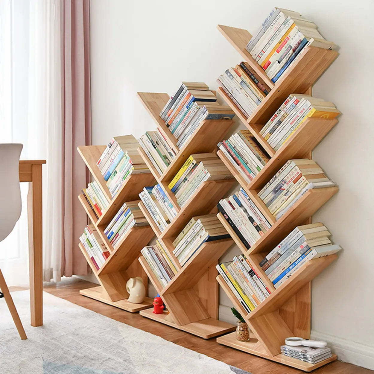 Light Brown Tree-Shaped Rubberwood Bookcase — Natural Finish