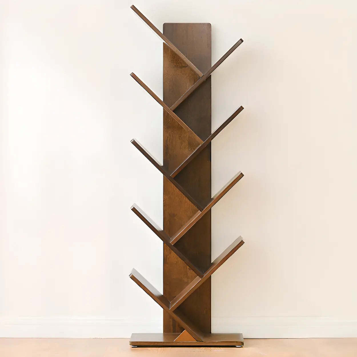 Modern rubberwood tree-shaped brown bookcases — 17.3" L x 7.9" W x 52" H / Walnut