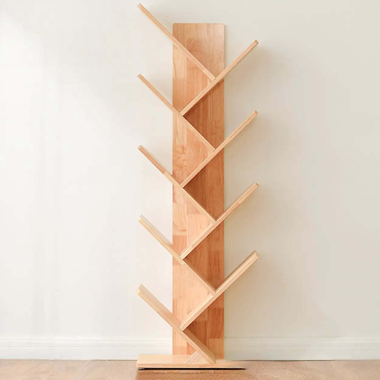 Light Brown Tree-Shaped Rubberwood Bookcase — Natural Finish