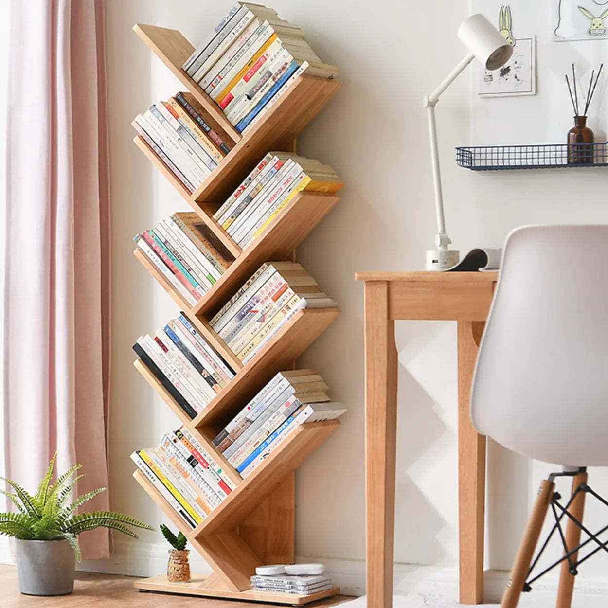 Light Brown Tree-Shaped Rubberwood Bookcase — Walnut