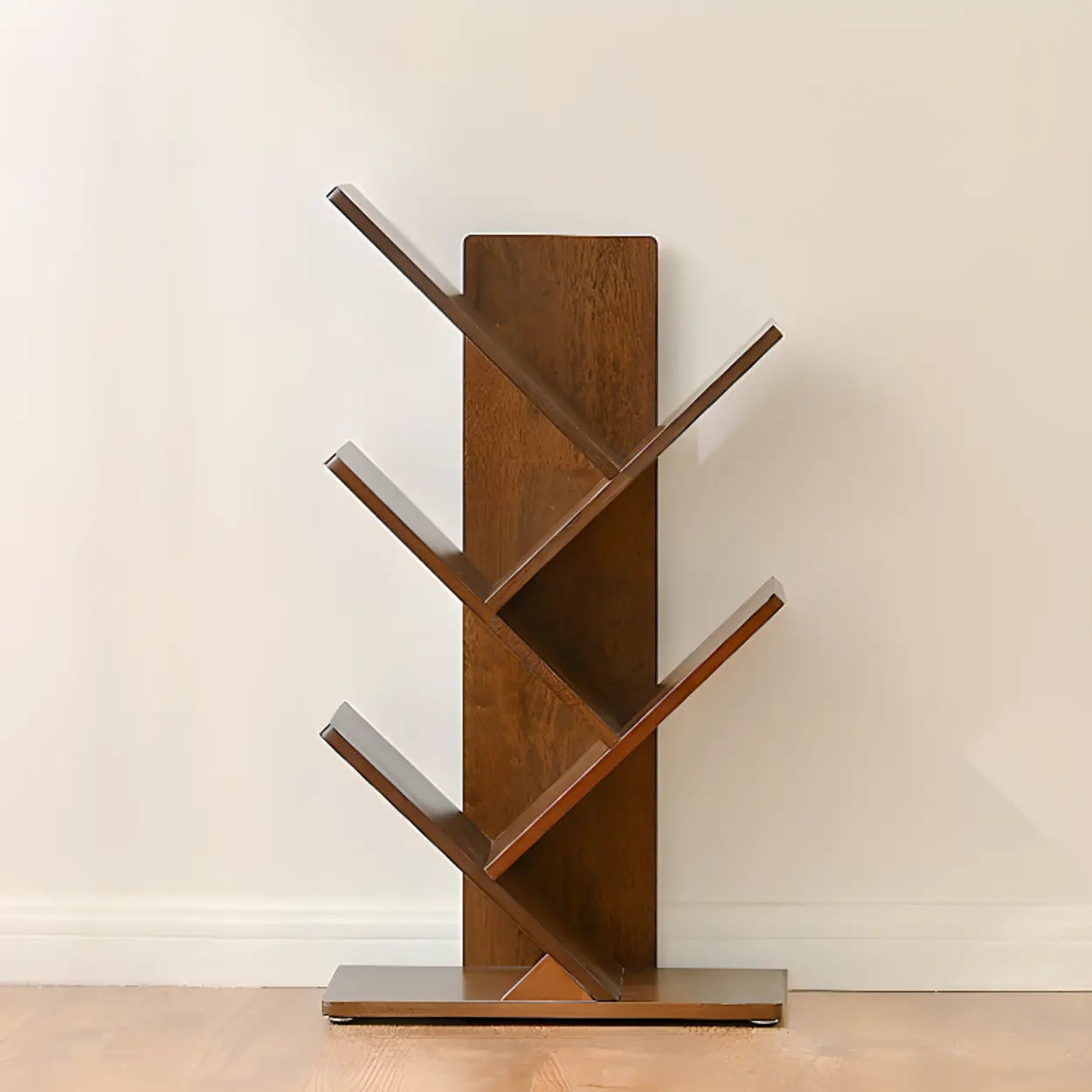 Light Brown Tree-Shaped Rubberwood Bookcase — Natural Finish