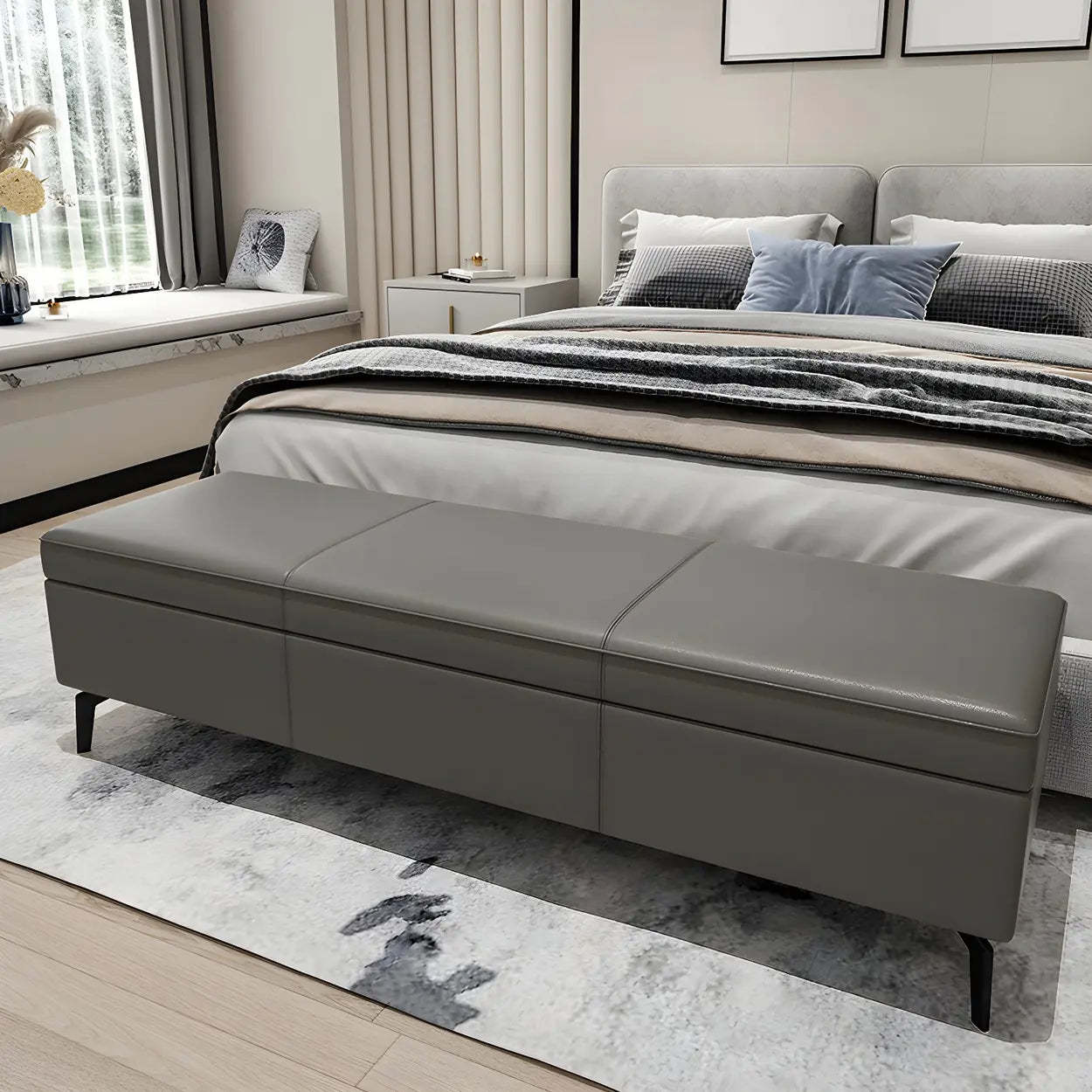 Light Gray Faux Leather Flip-Top Storage Bench — Khaki
