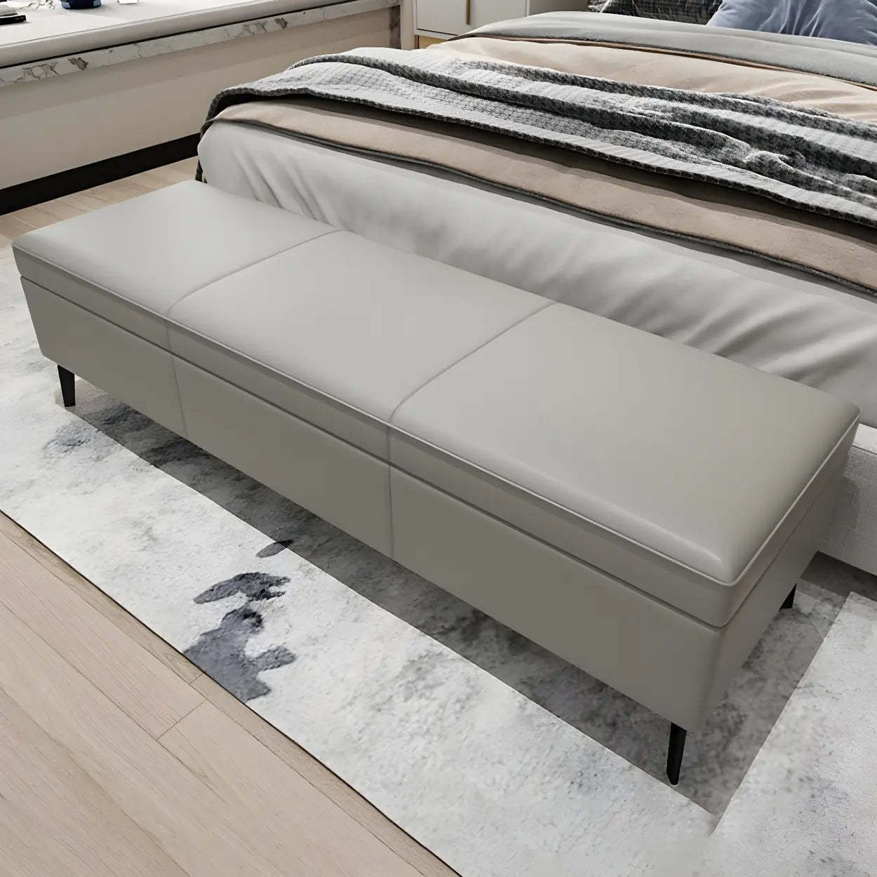 Light Gray Faux Leather Flip-Top Storage Bench — Off-White
