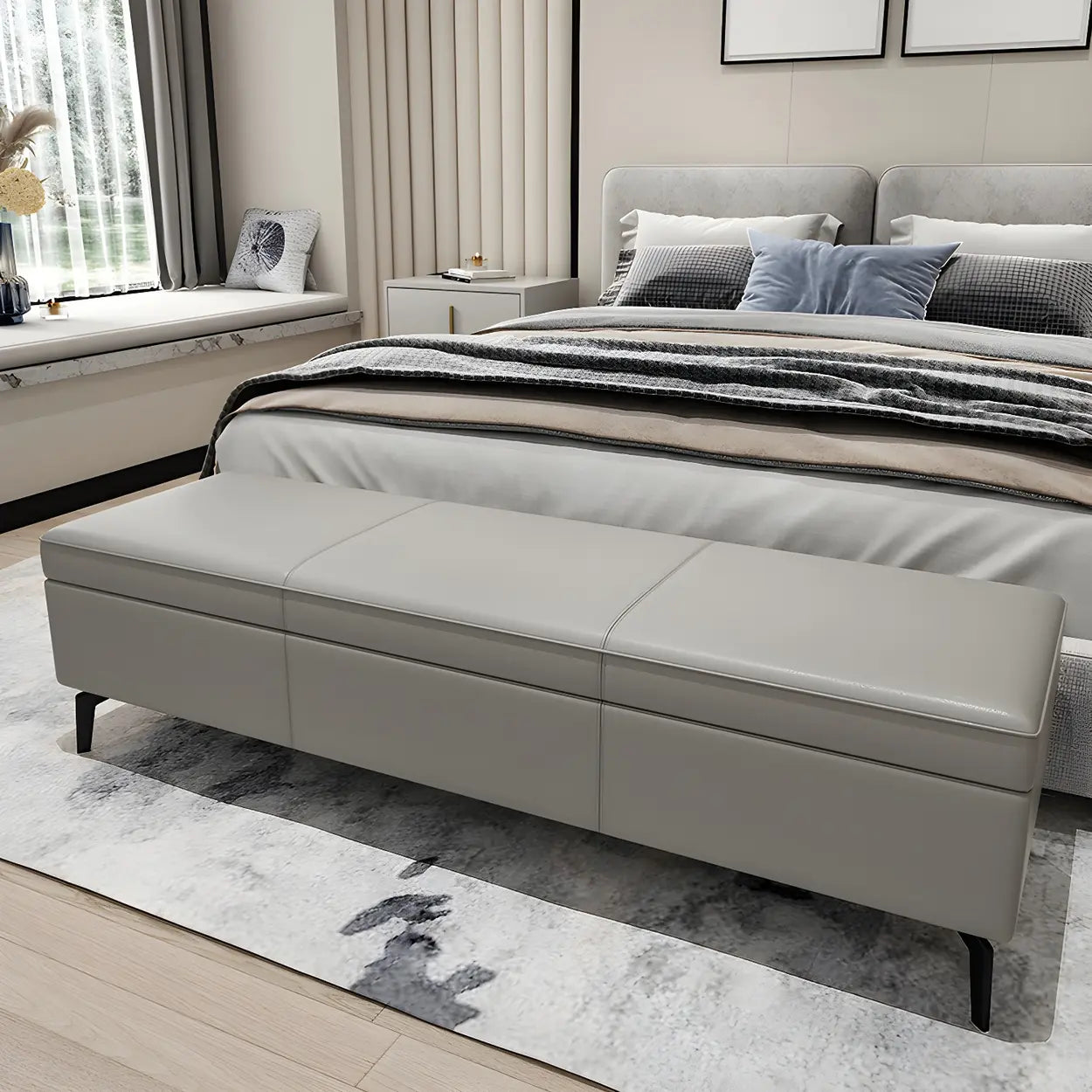 Light Gray Faux Leather Flip-Top Storage Bench — Beige