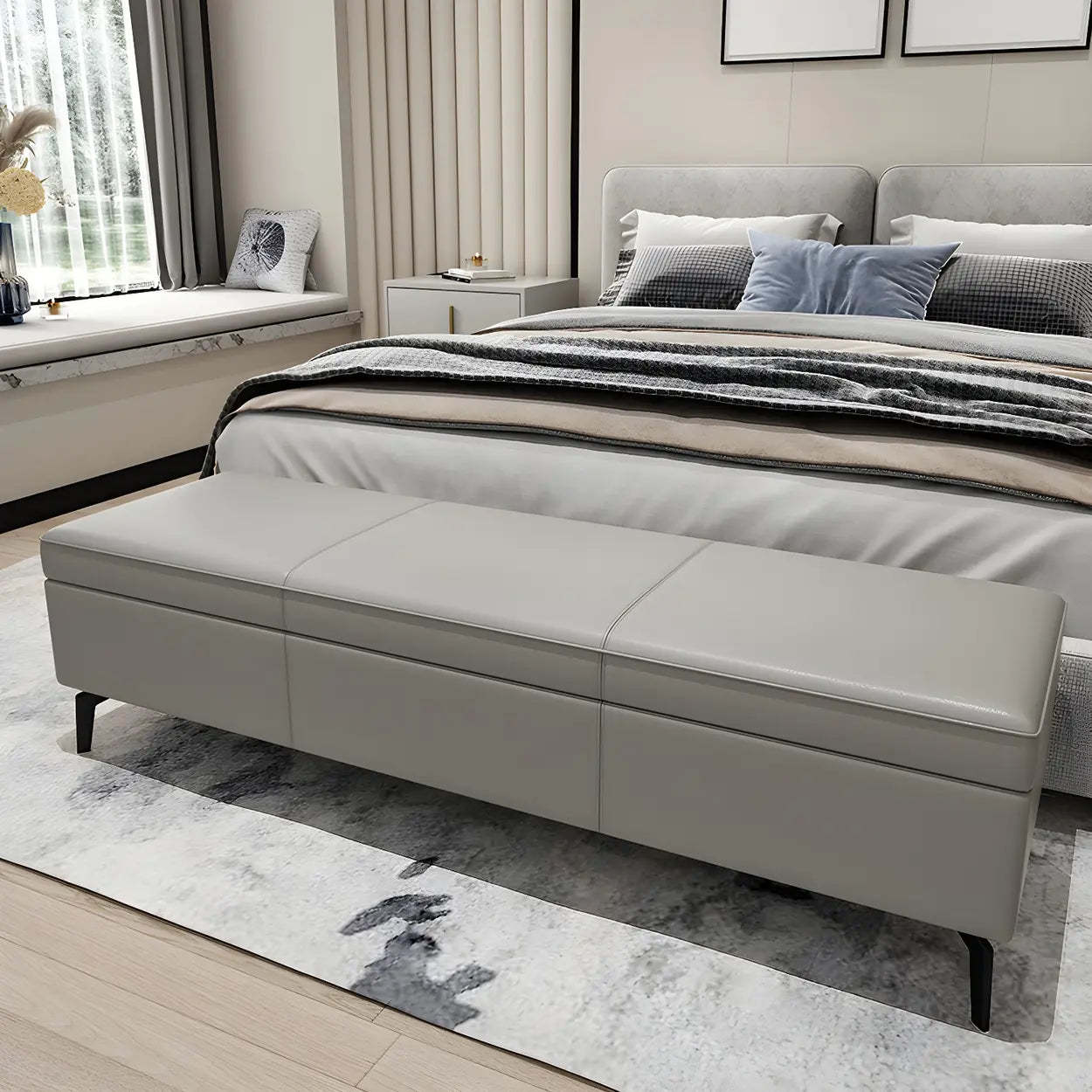 Light Gray Faux Leather Flip-Top Storage Bench — Beige