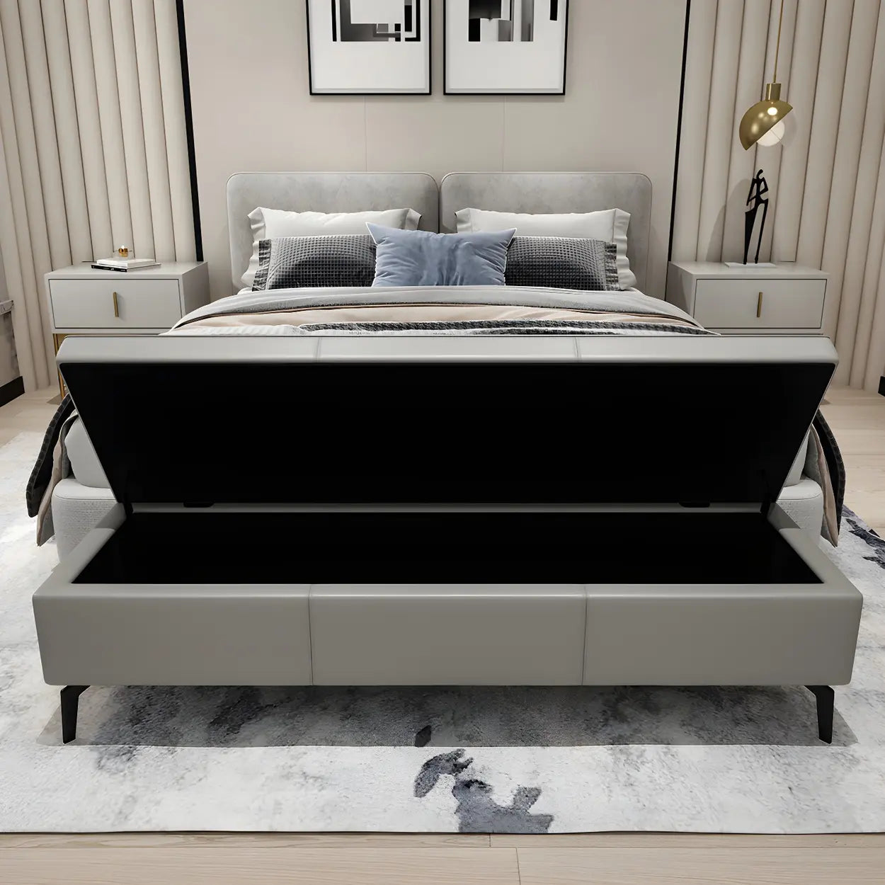 Light Gray Faux Leather Flip-Top Storage Bench — Dark Gray