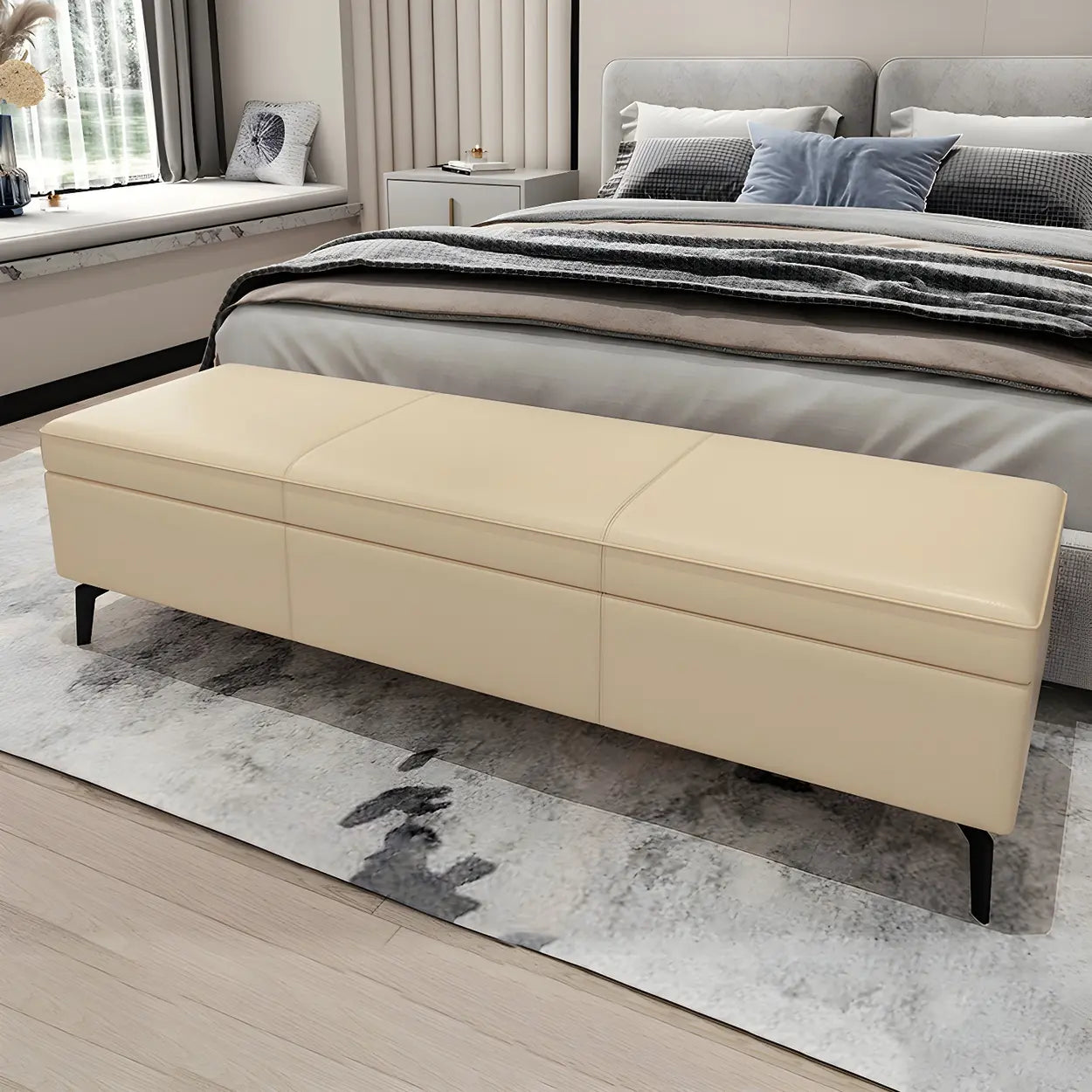 Light Gray Faux Leather Flip-Top Storage Bench — Houndstooth pattern