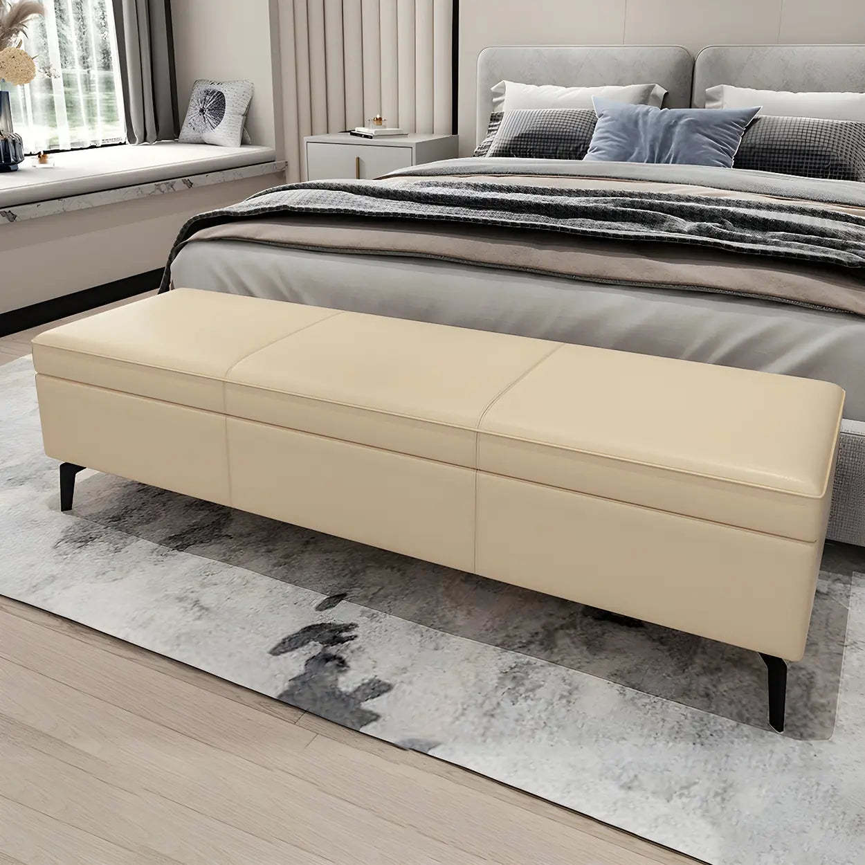Light Gray Faux Leather Flip-Top Storage Bench — Houndstooth pattern