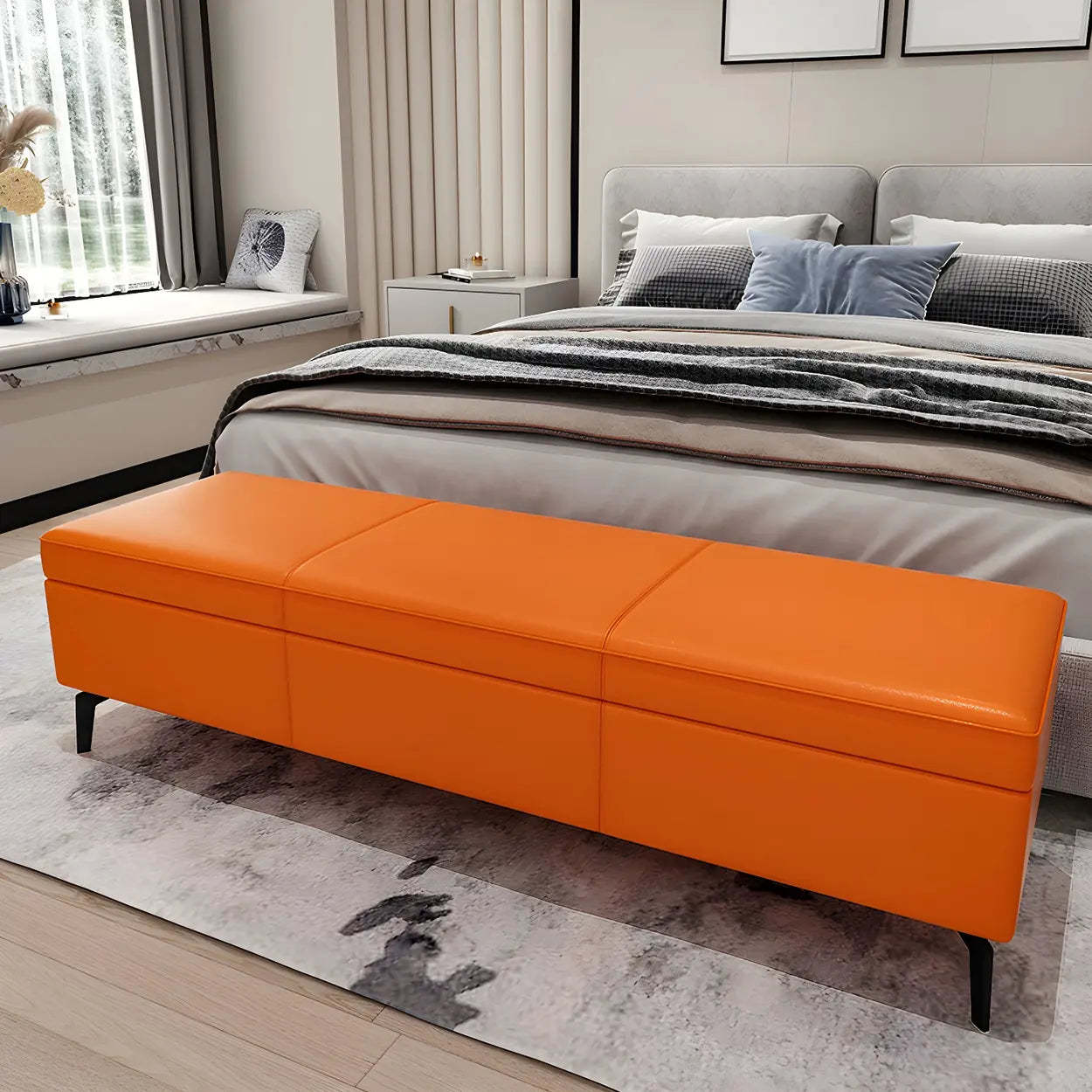 Light Gray Faux Leather Flip-Top Storage Bench — Off-White