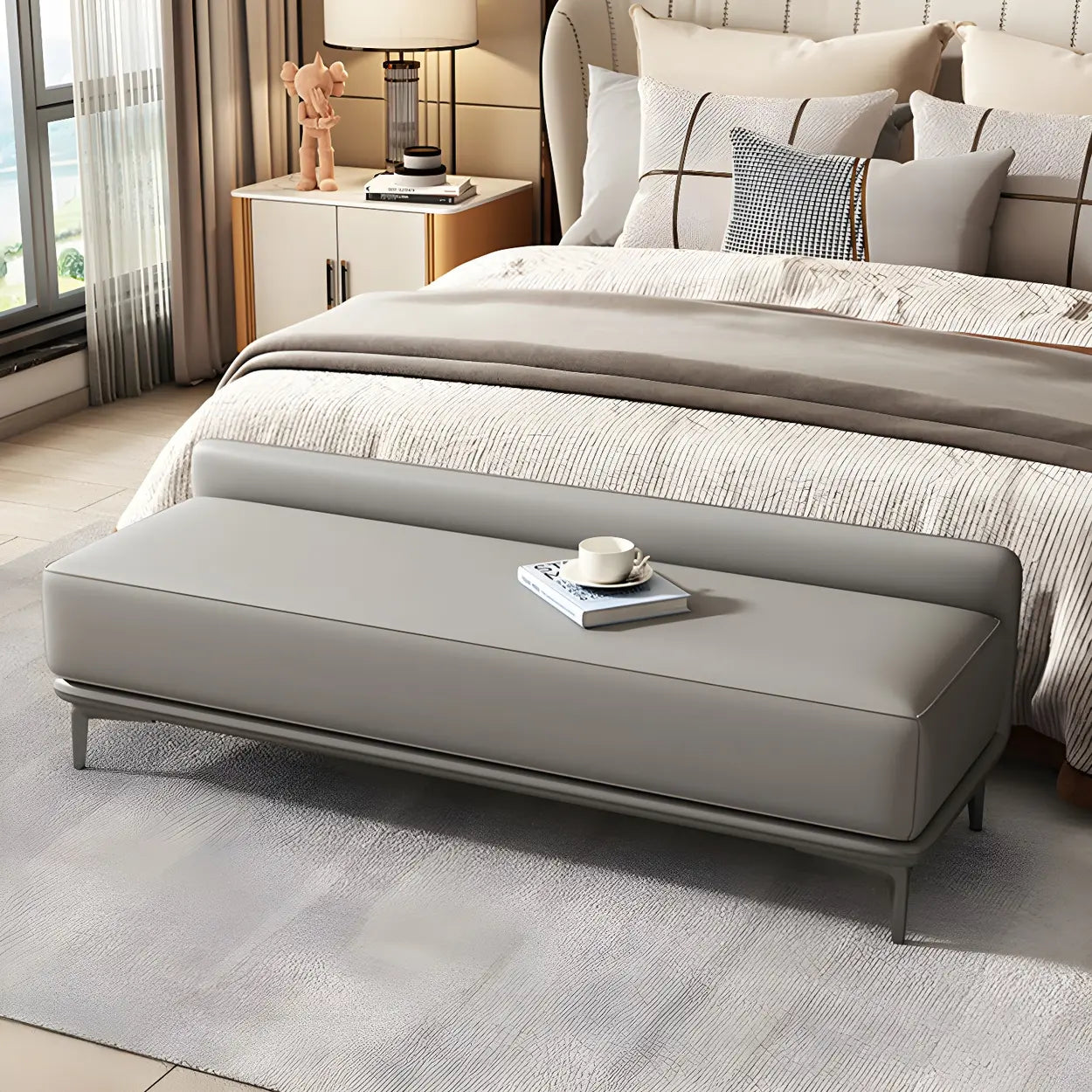 Light Gray Faux Leather Bedroom Bench