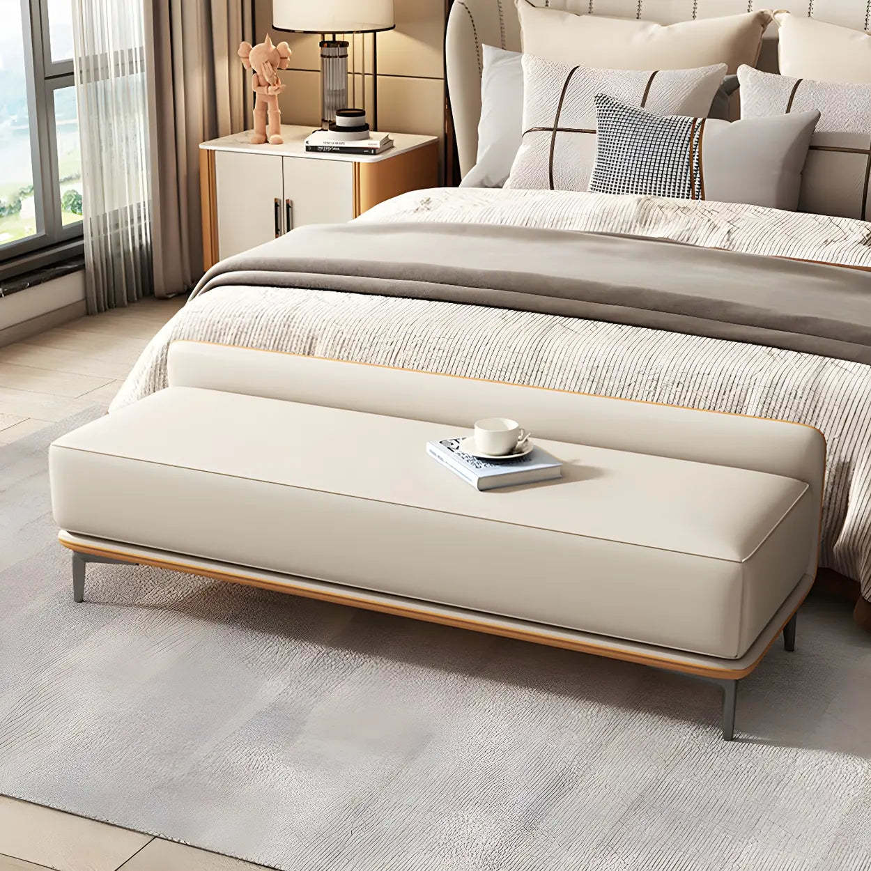 Light Gray Faux Leather Bedroom Bench — Light Gray