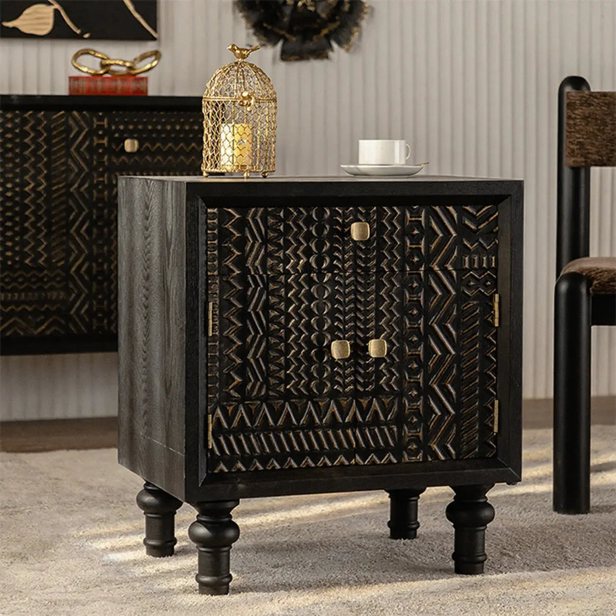 Light Luxury Carved Black Wood Nightstand with Drawers — Black