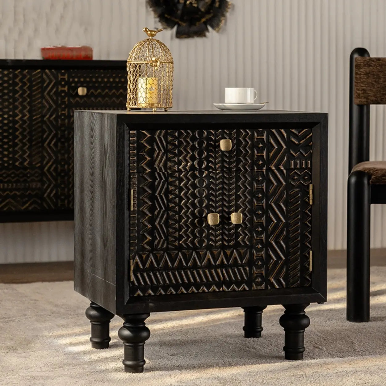 Luxury carved drawers nightstands in wood glass