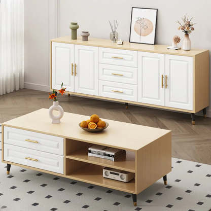 Light Walnut Wood Rectangular TV Stand with Drawers — Warm White / 2