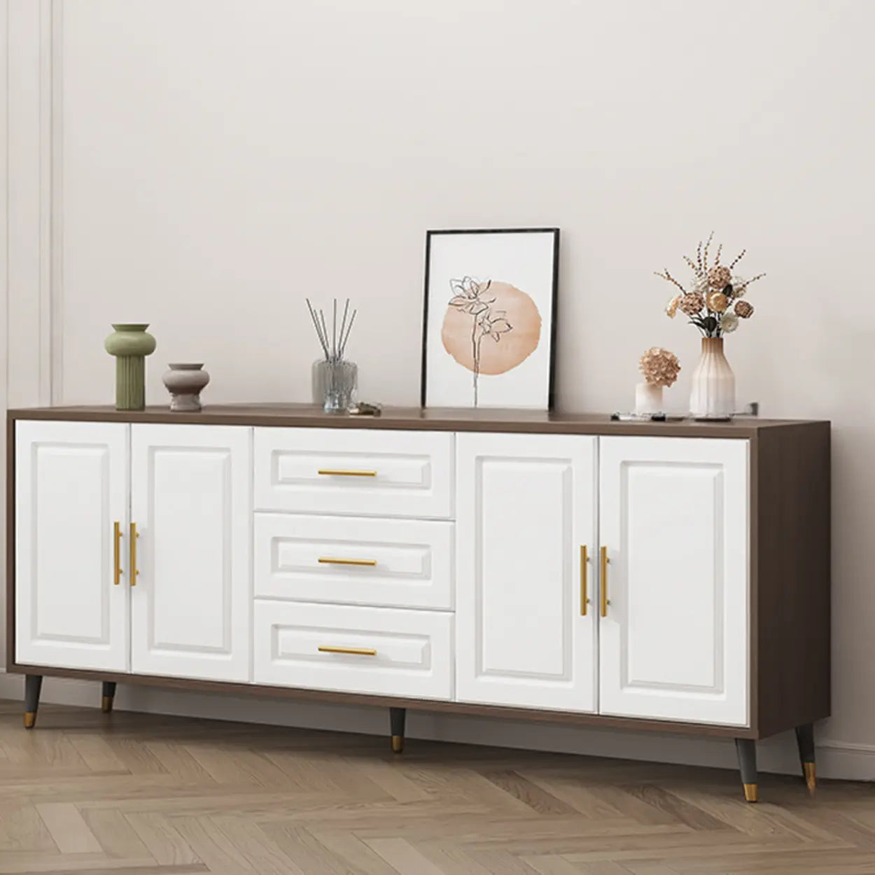 Light Walnut Wood Rectangular TV Stand with Drawers — Warm White / 3